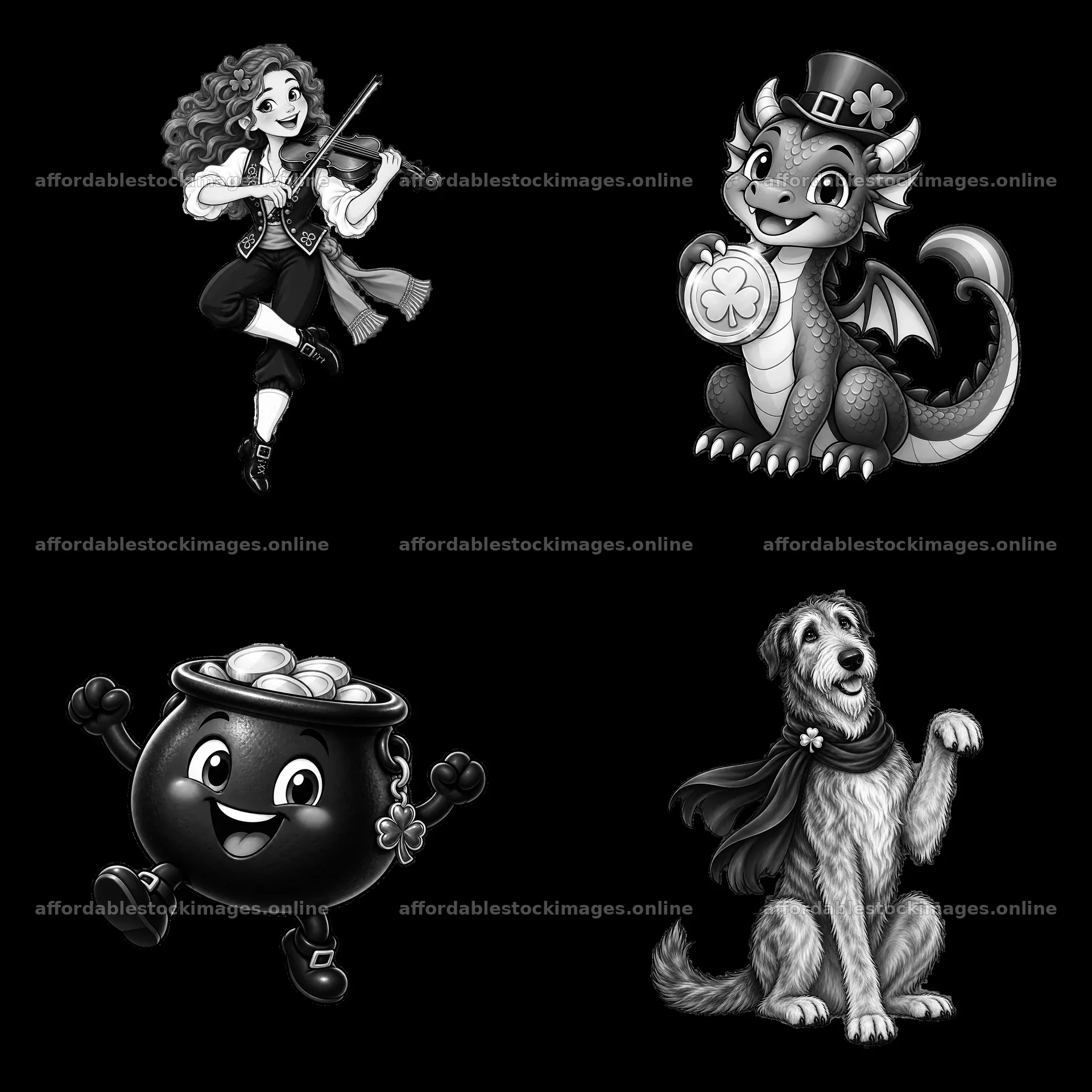 St. Patrick's Day cartoon characters with music, luck, and pets – stock images 7746x7746