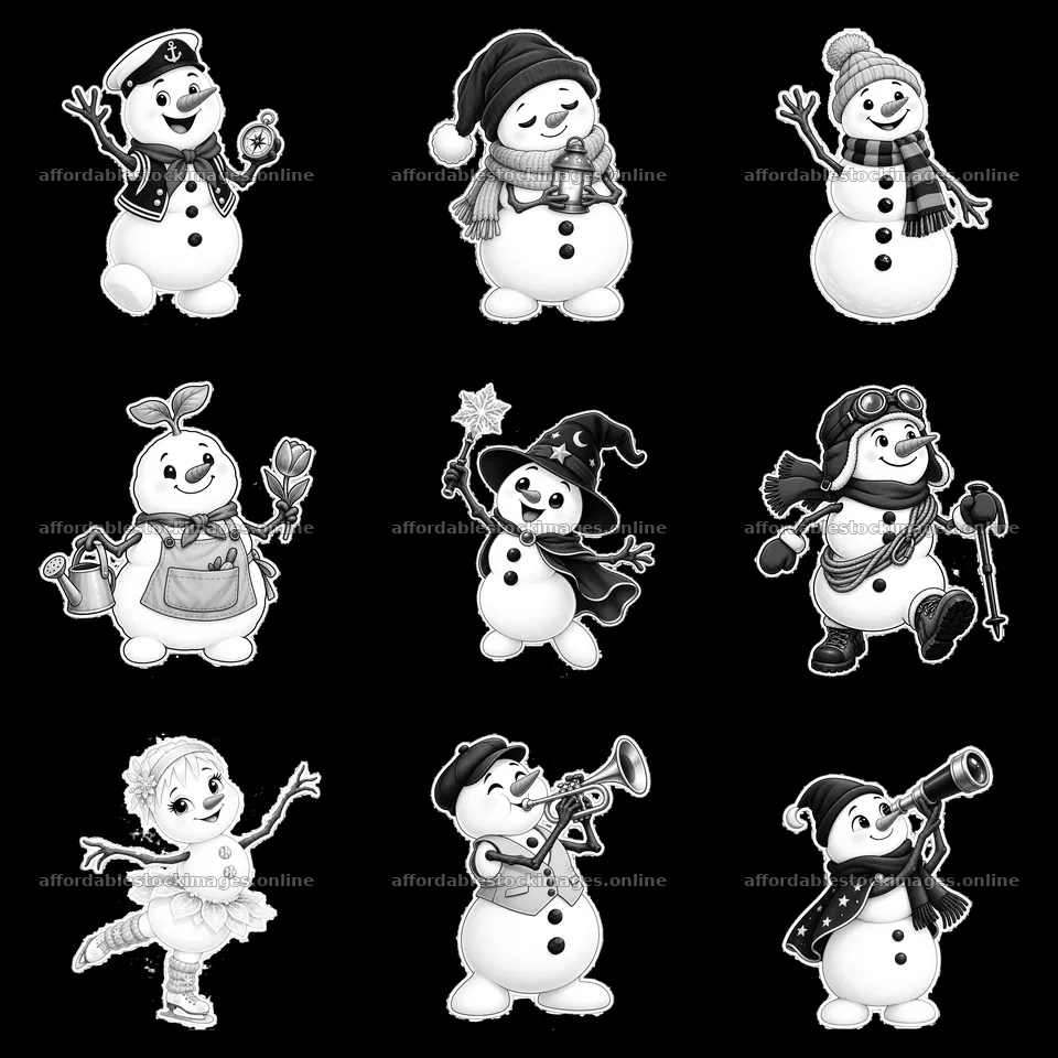 Nine cheerful snowmen in various playful poses and outfits – stock images 7746x7746