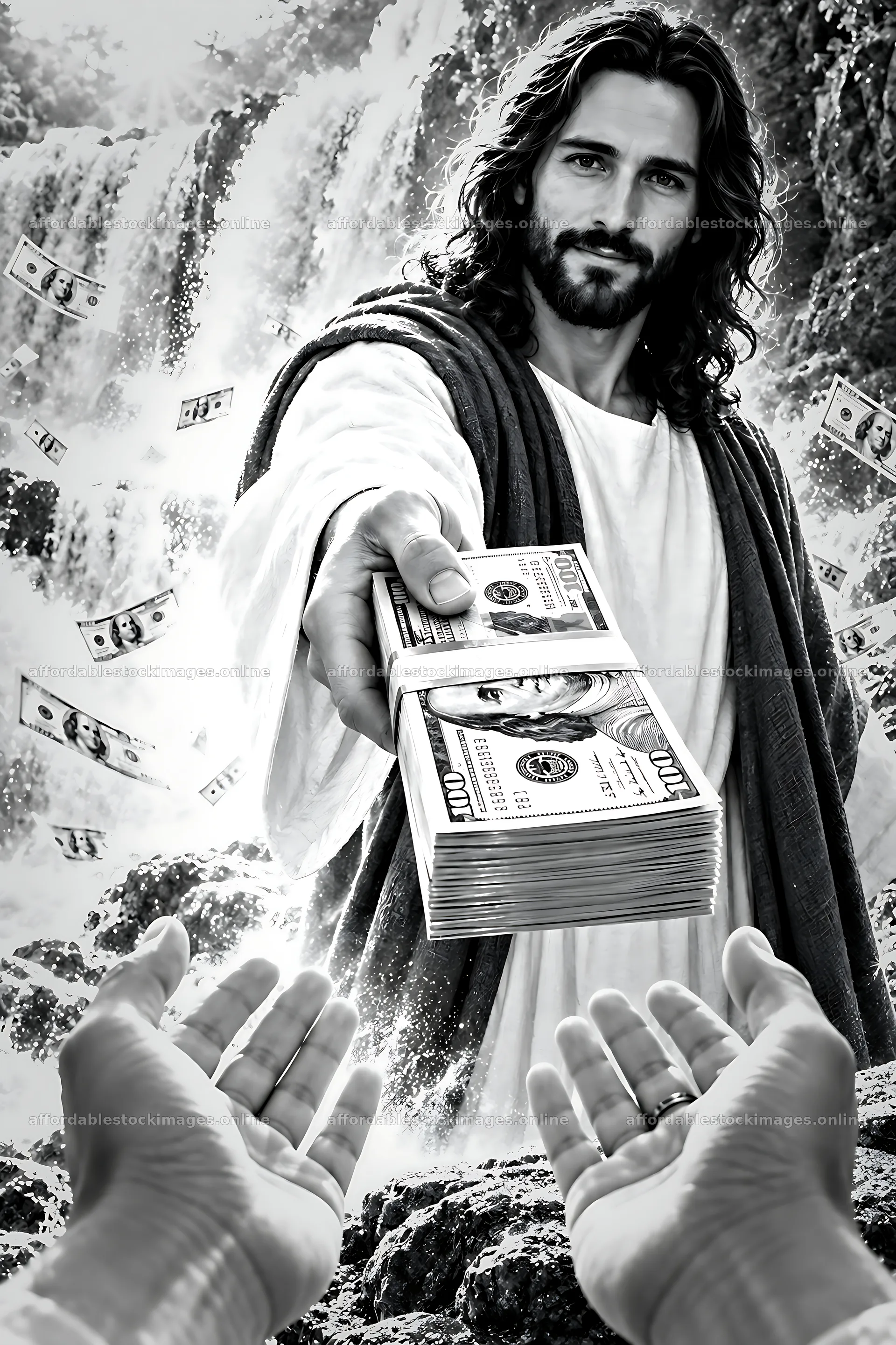 Beside the waterfall, a figure offers money – stock images 6480x9722