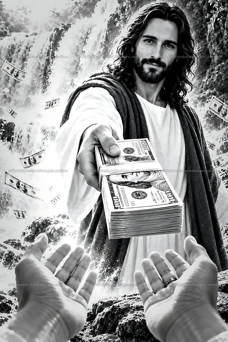 Beside the waterfall, a figure offers money – stock images 6480x9722
