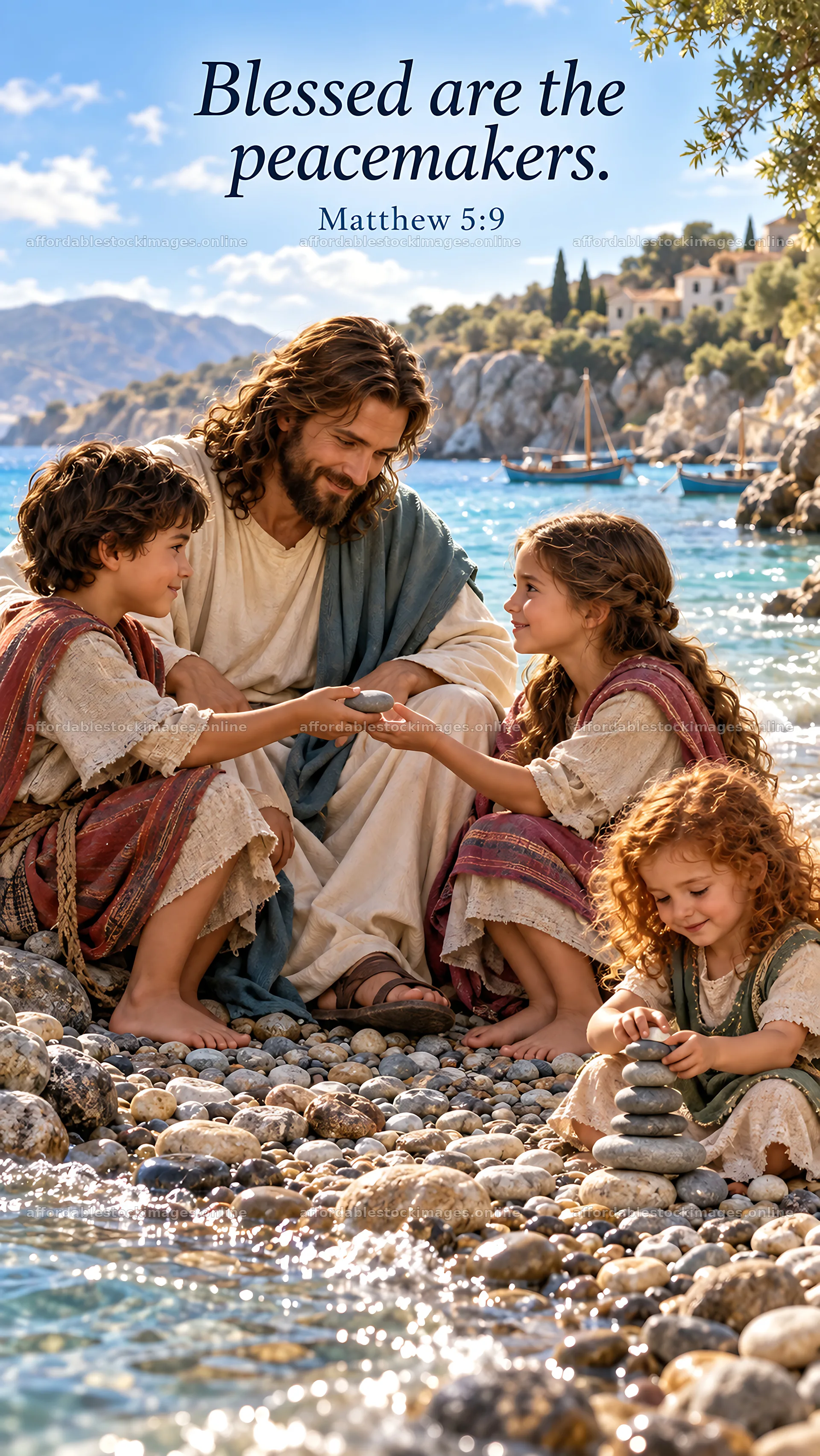 Jesus Christ teaches children by the water's edge – stock images 5811x10326