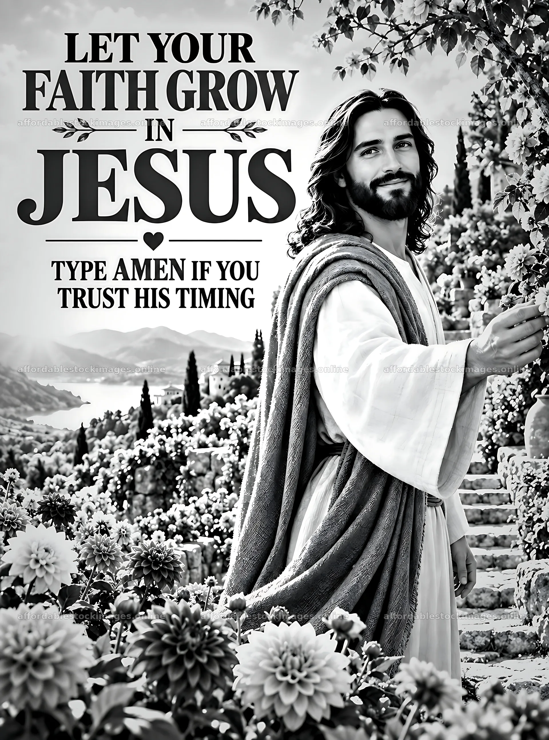 Let your faith grow in Jesus among blooming flowers – stock images 6834x9220