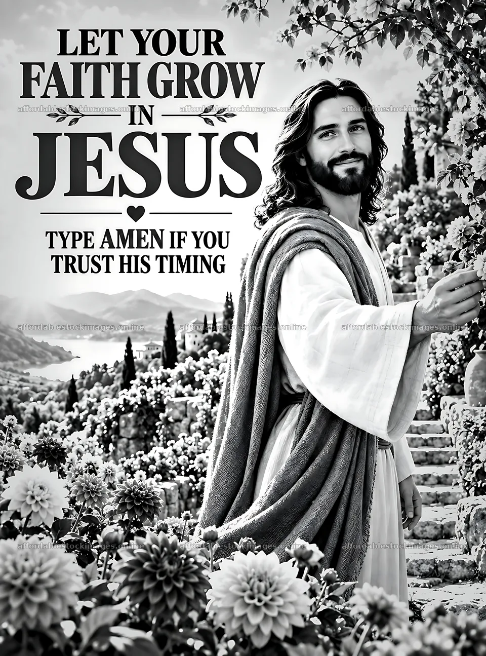 Let your faith grow in Jesus among blooming flowers – stock images 6834x9220