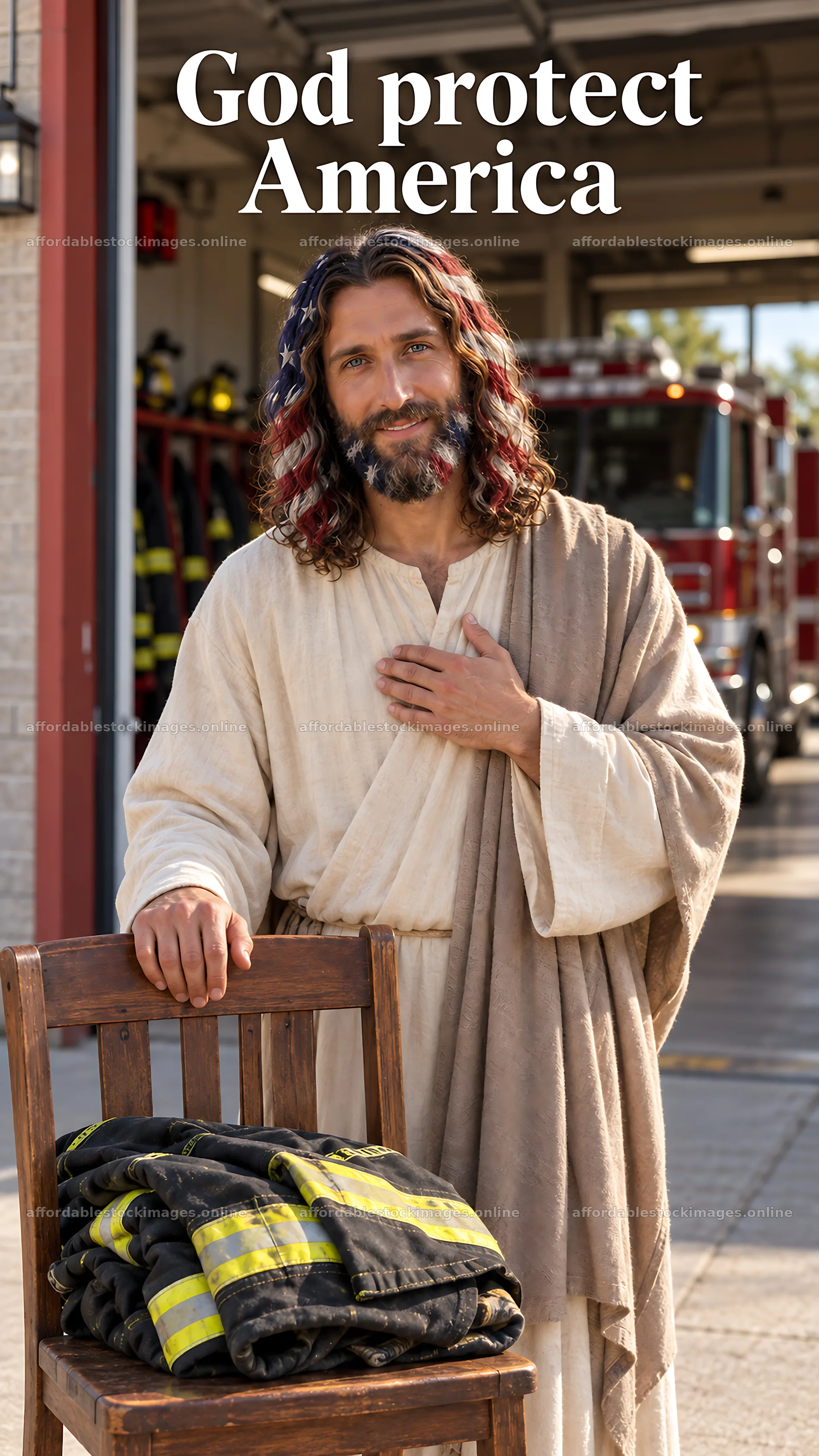 Jesus Christ protects America in a contemporary setting – stock images 5811x10326
