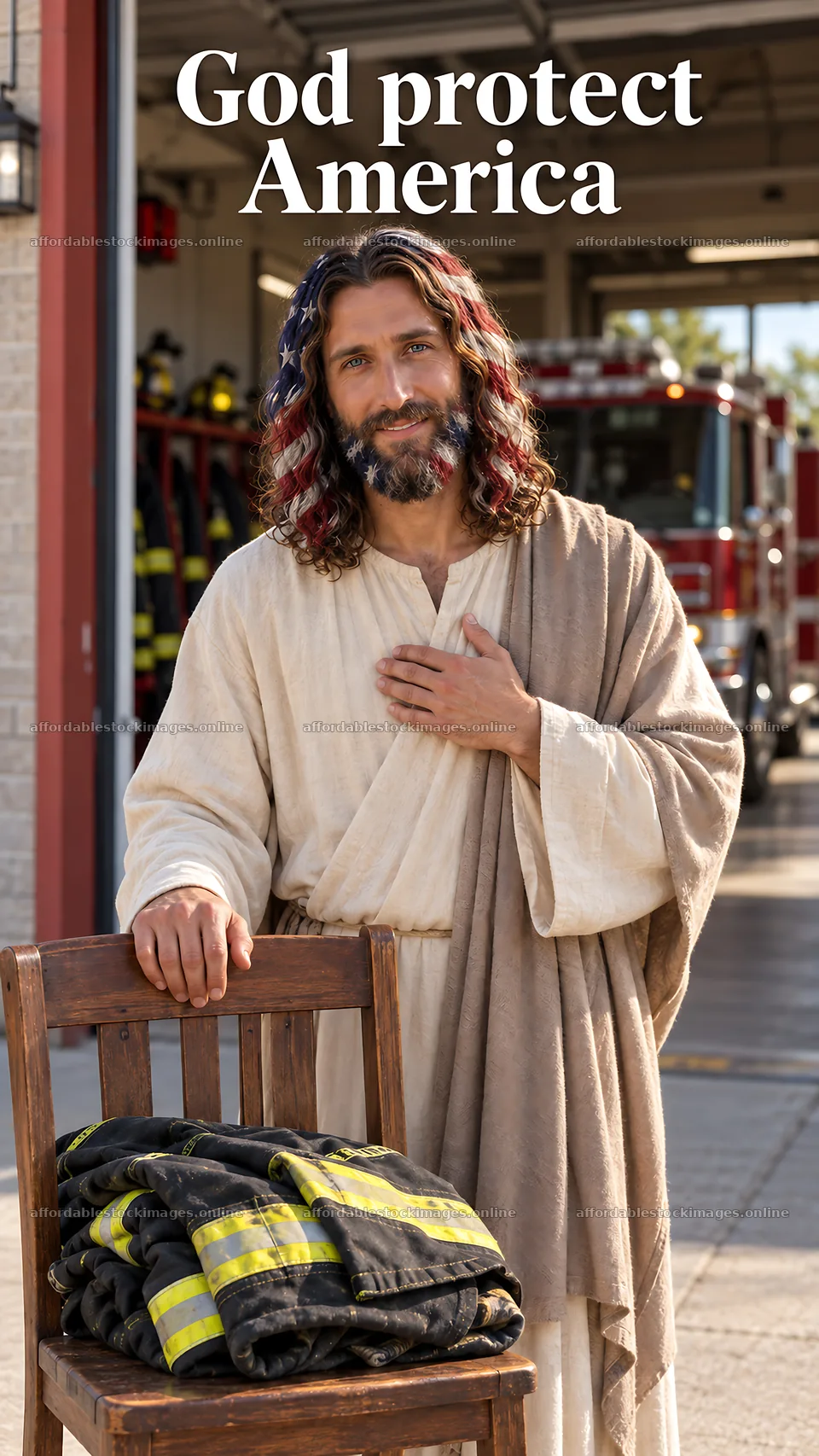Jesus Christ protects America in a contemporary setting – stock images 5811x10326