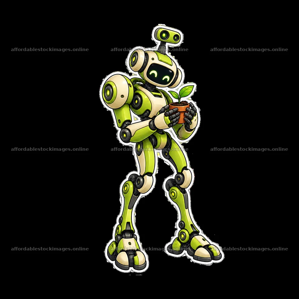 Mech robot holding a small plant in its hands – stock images 7746x7746