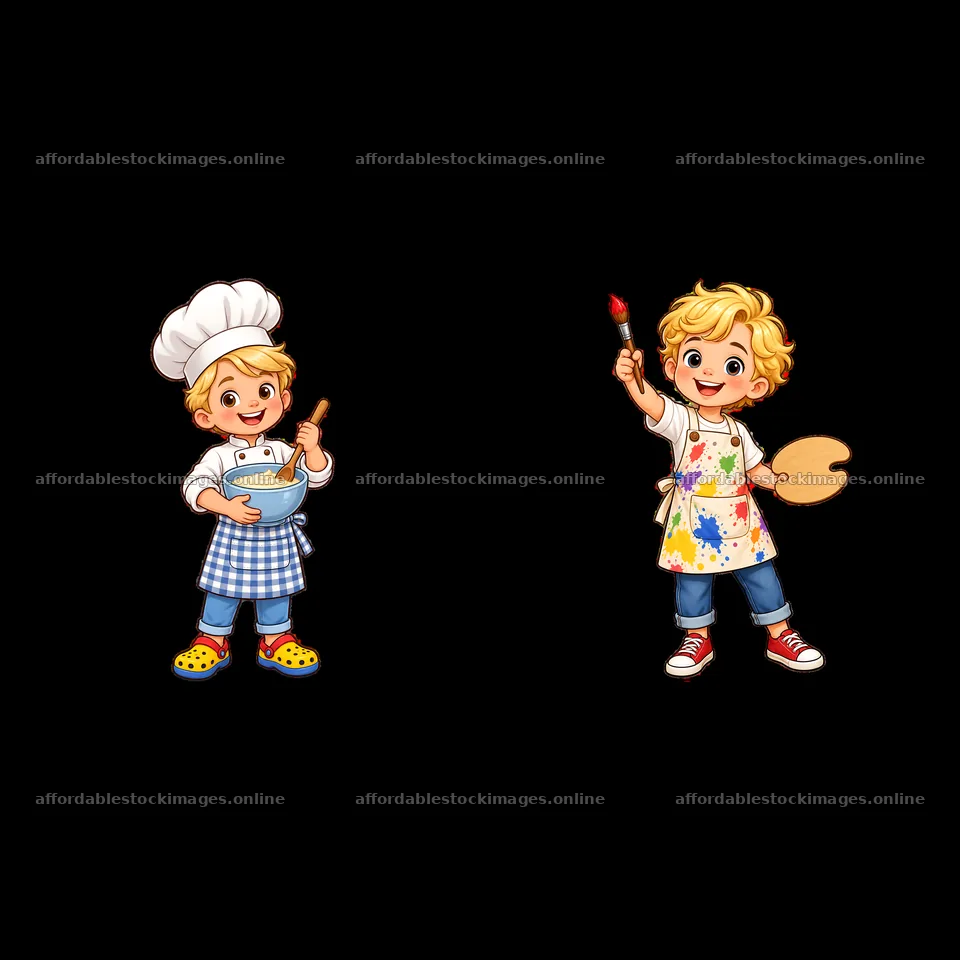 Blond child chef and artist cartoon stickers in playful poses – stock images 7746x7746