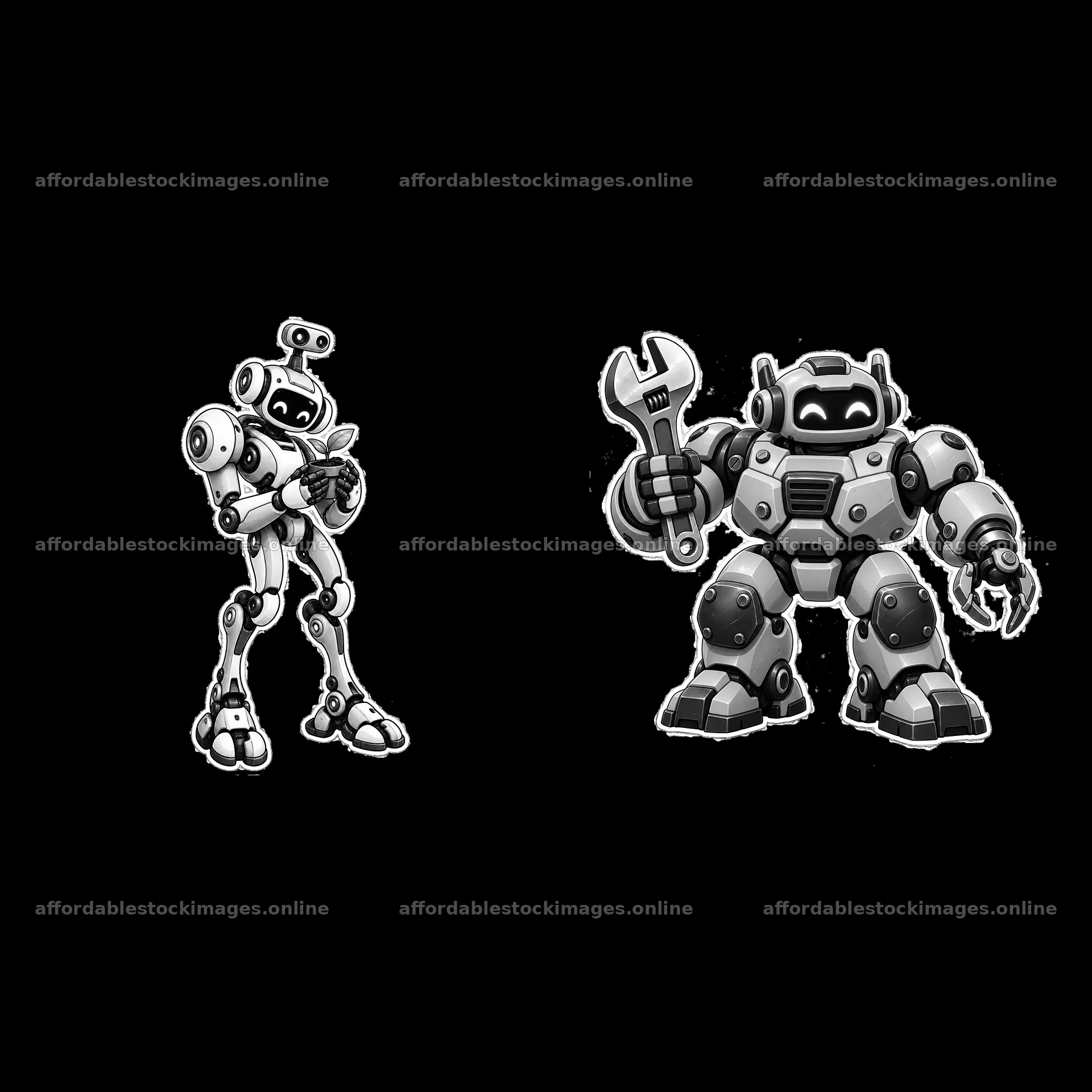 Robots holding tools in monochrome cartoon illustration – stock images 7746x7746