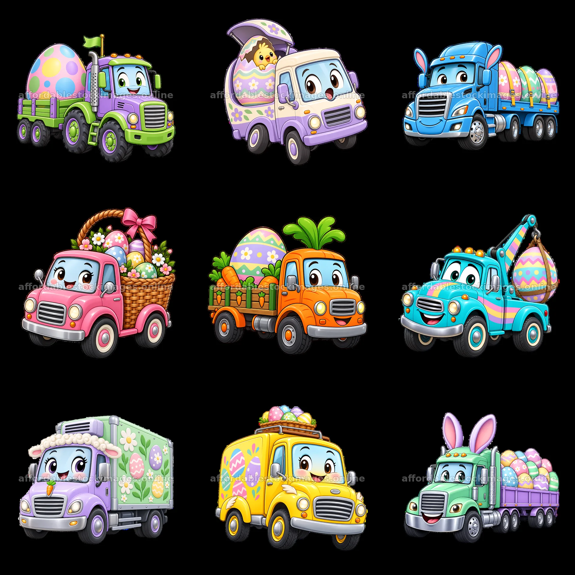 Easter truck stickers featuring colorful vehicles with eggs – stock images 7746x7746
