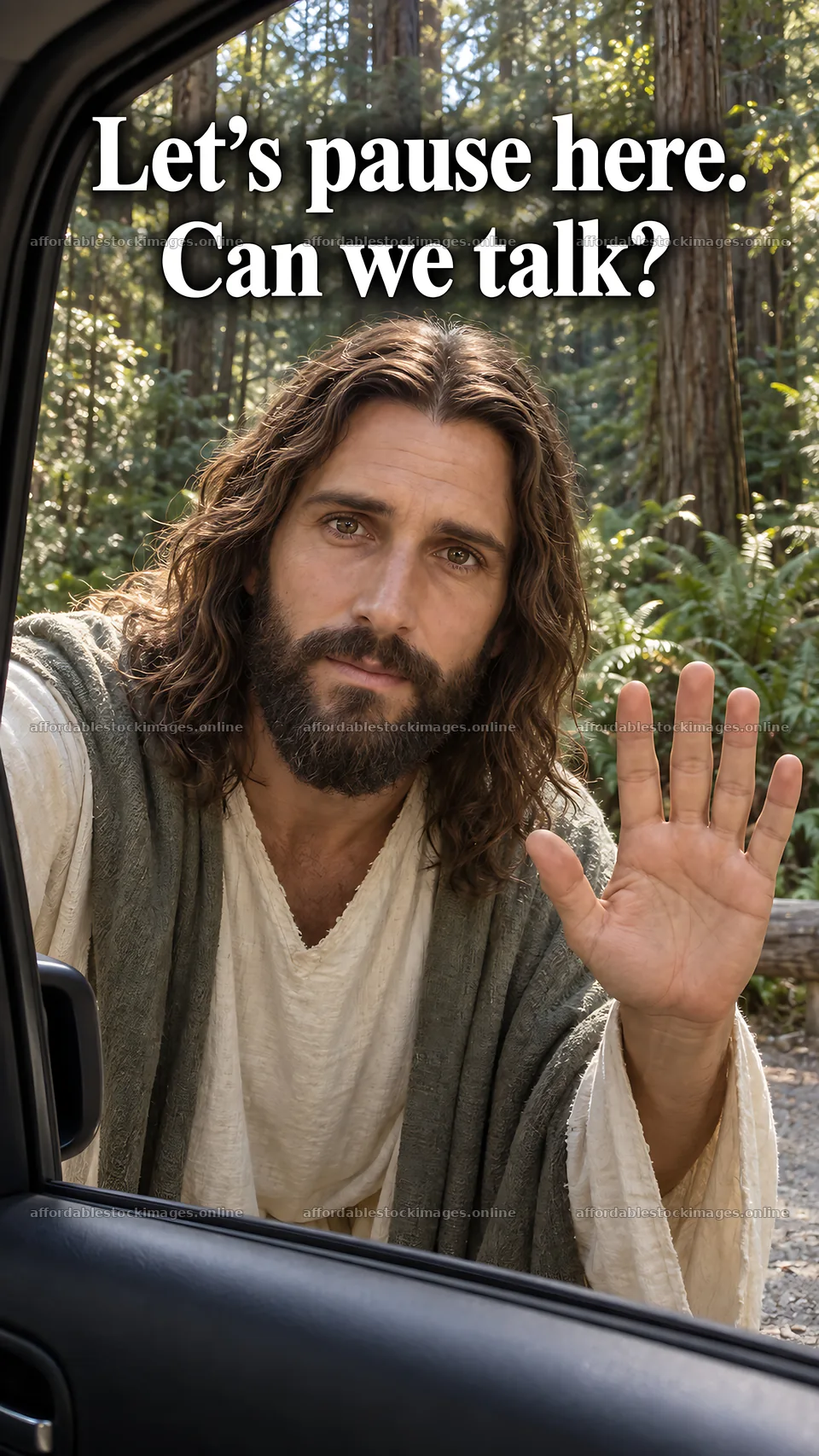 Jesus Christ reaching out to talk in a forest setting – stock images 5811x10326