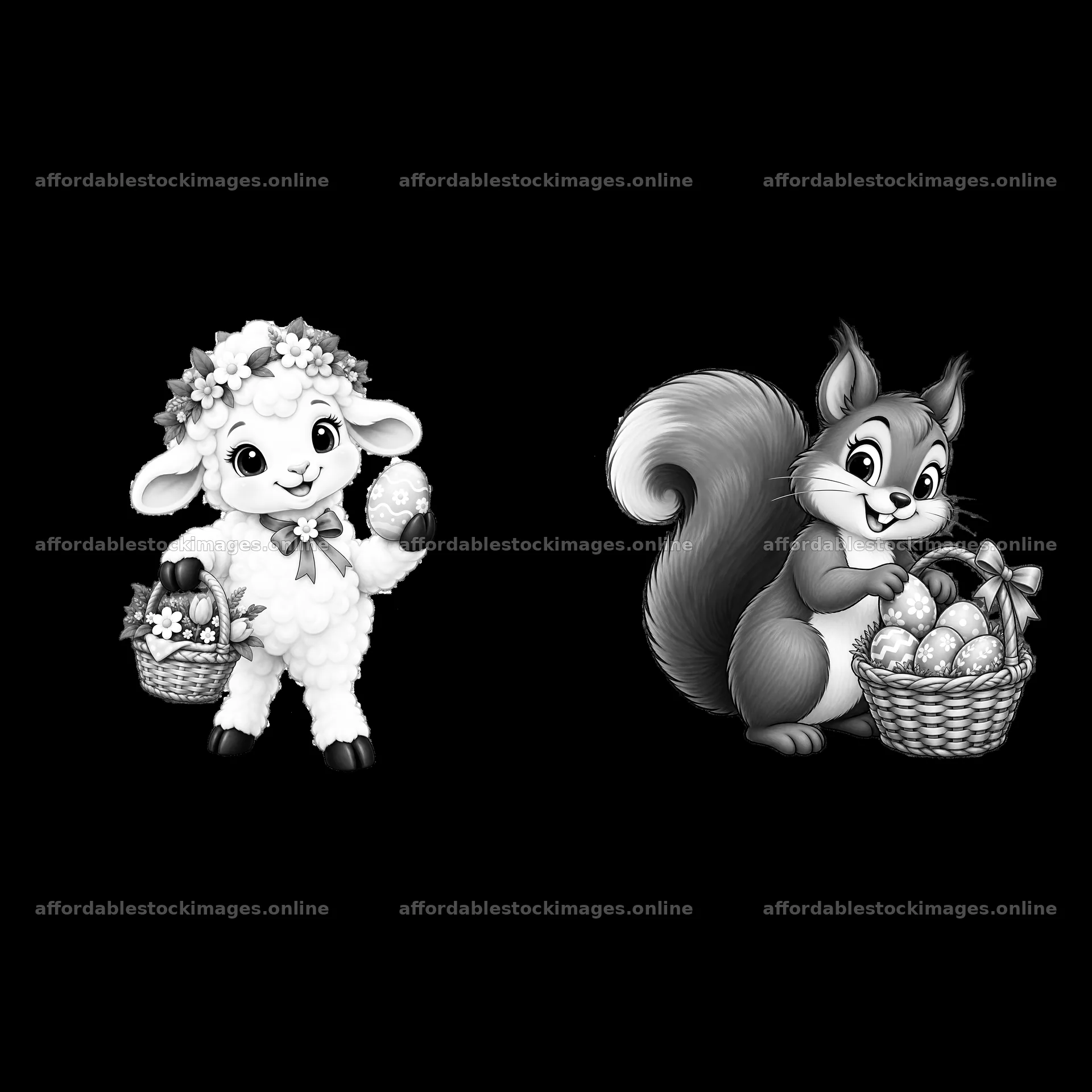Easter basket with lamb holding egg and squirrel carrying eggs – stock images 7746x7746
