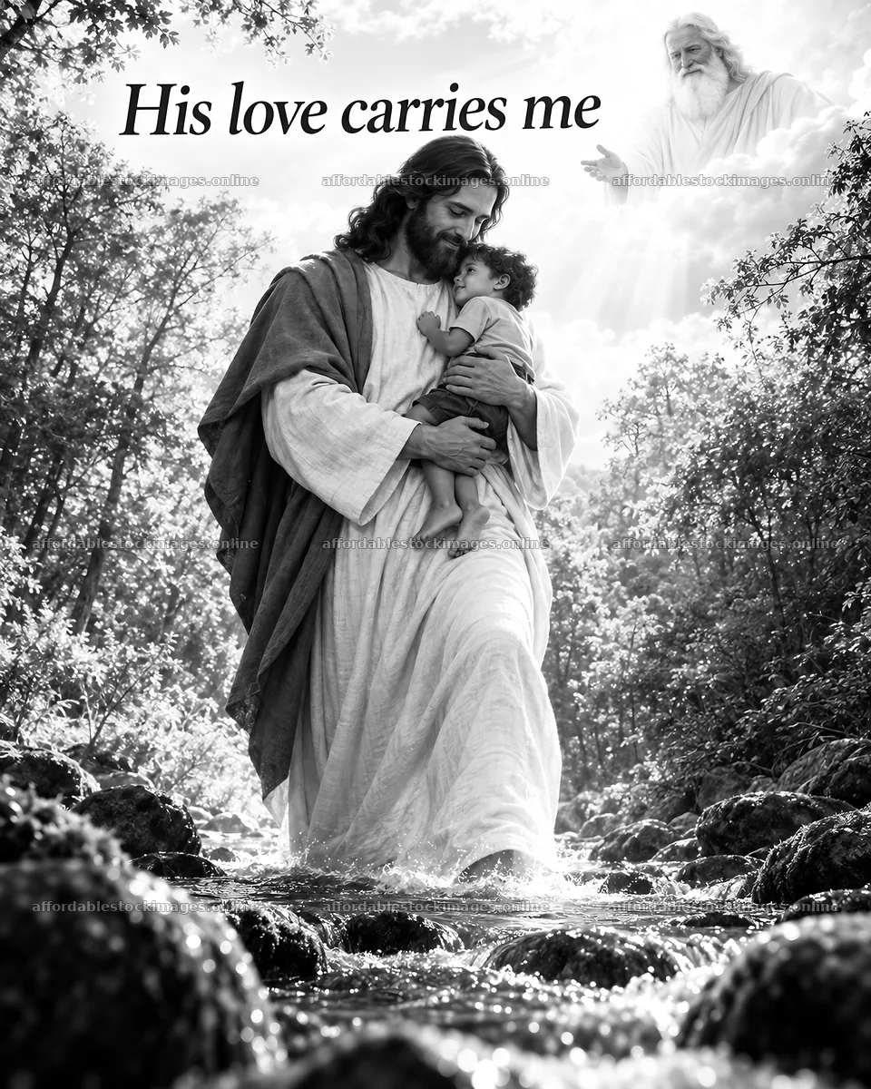 Jesus Christ carrying a child through a stream – stock images 6930x8659