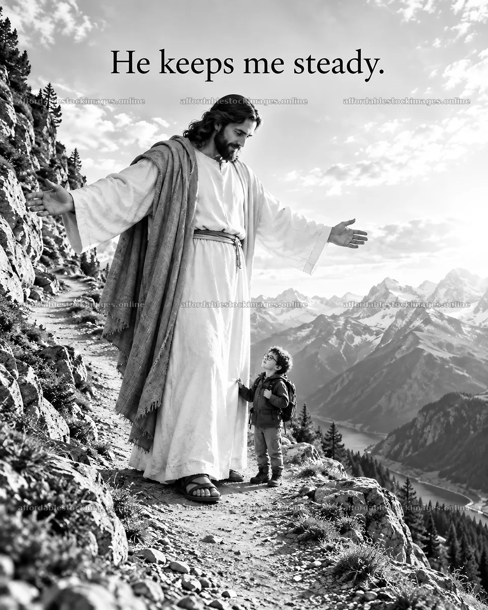 Jesus Christ guides a child on the mountain path – stock images 6930x8659