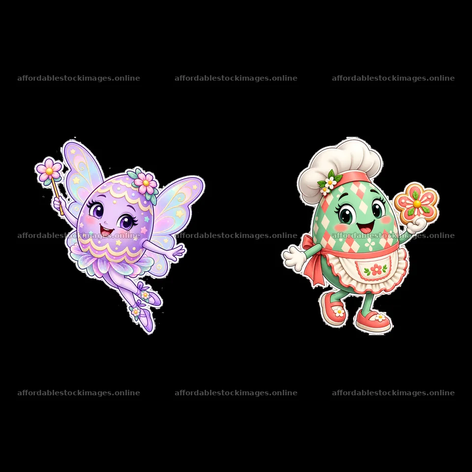 Colorful Easter egg fairy and chef with flowers – stock images 7746x7746