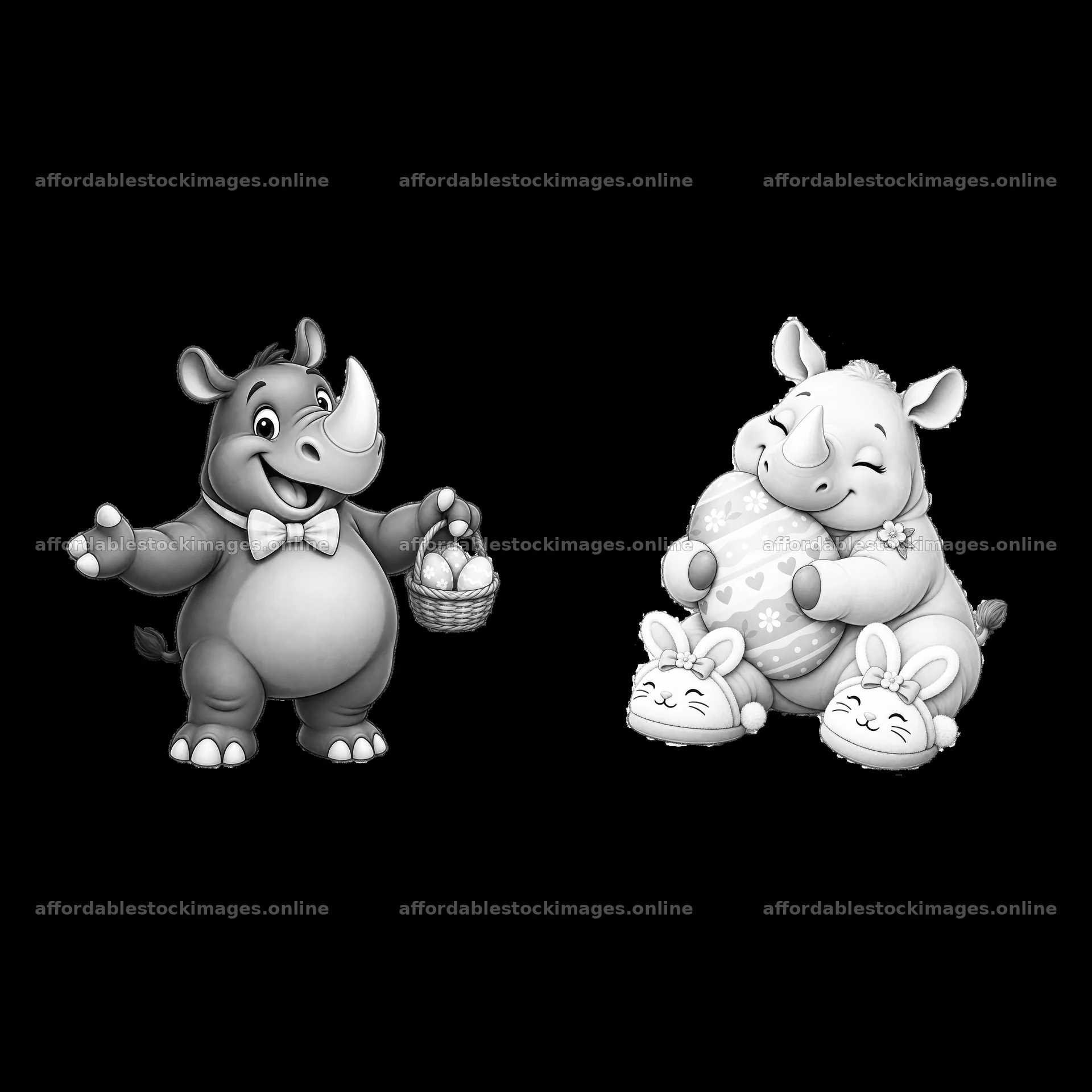 Easter rhinoceros characters holding eggs and gifts – stock images 7746x7746