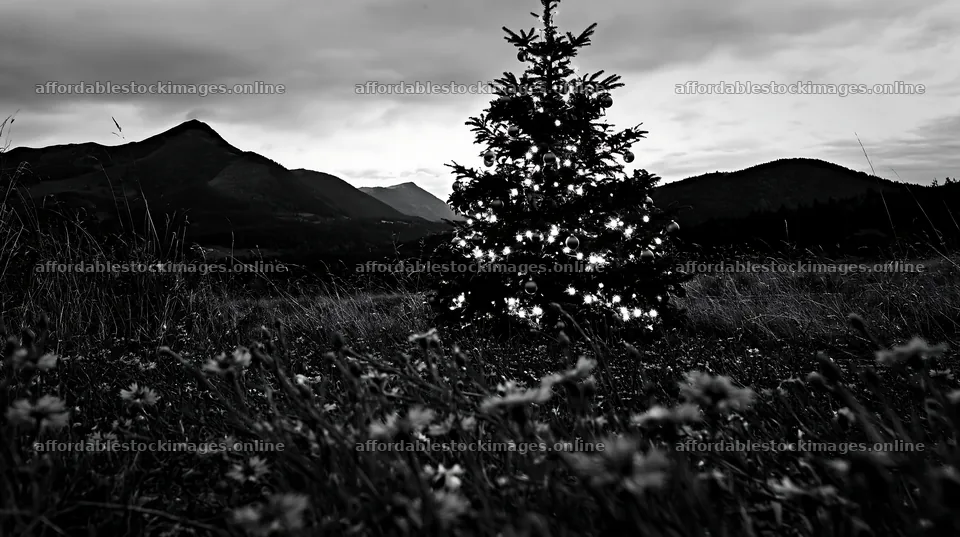 Christmas tree in meadow with mountains under cloudy sky – stock images 10608x5938