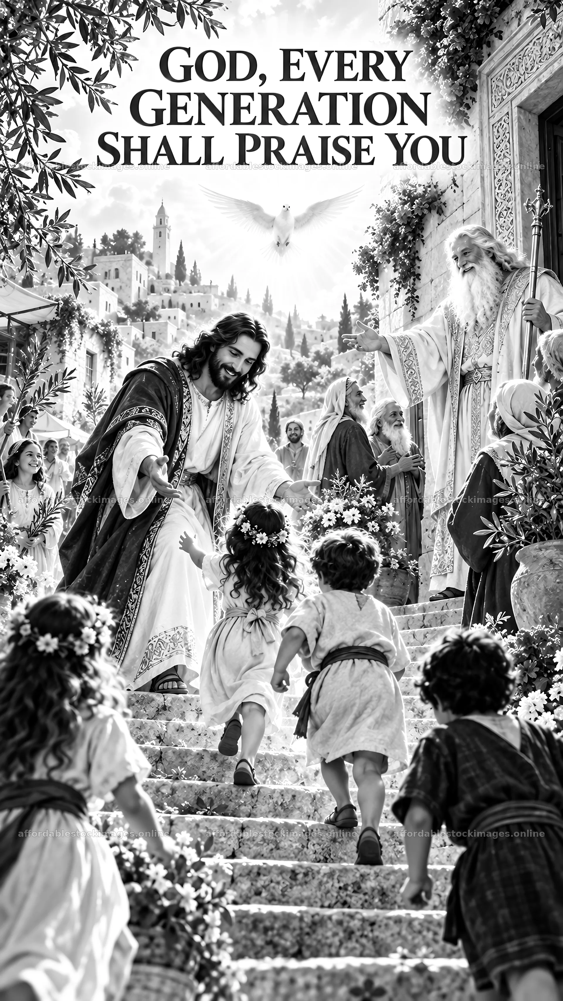 Jesus Christ greeting children in a garden setting – stock images 5811x10326