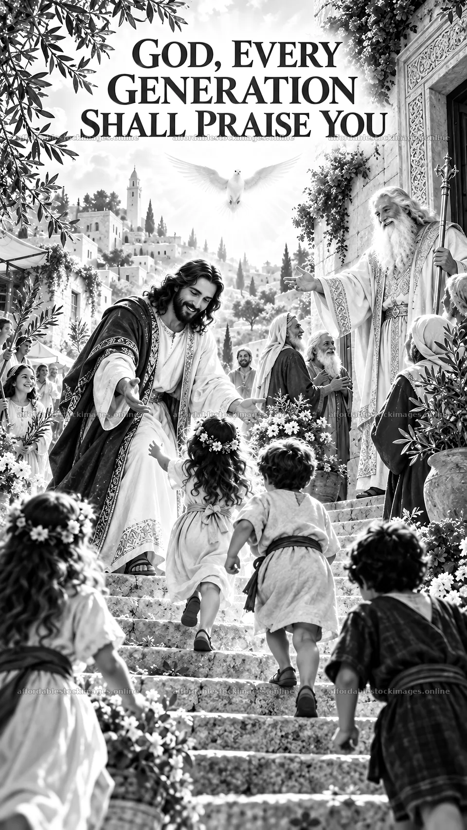 Jesus Christ greeting children in a garden setting – stock images 5811x10326