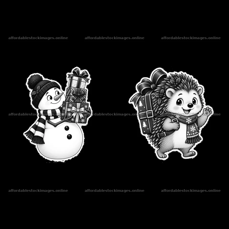 Snowman and hedgehog carrying Christmas presents – stock images 7746x7746