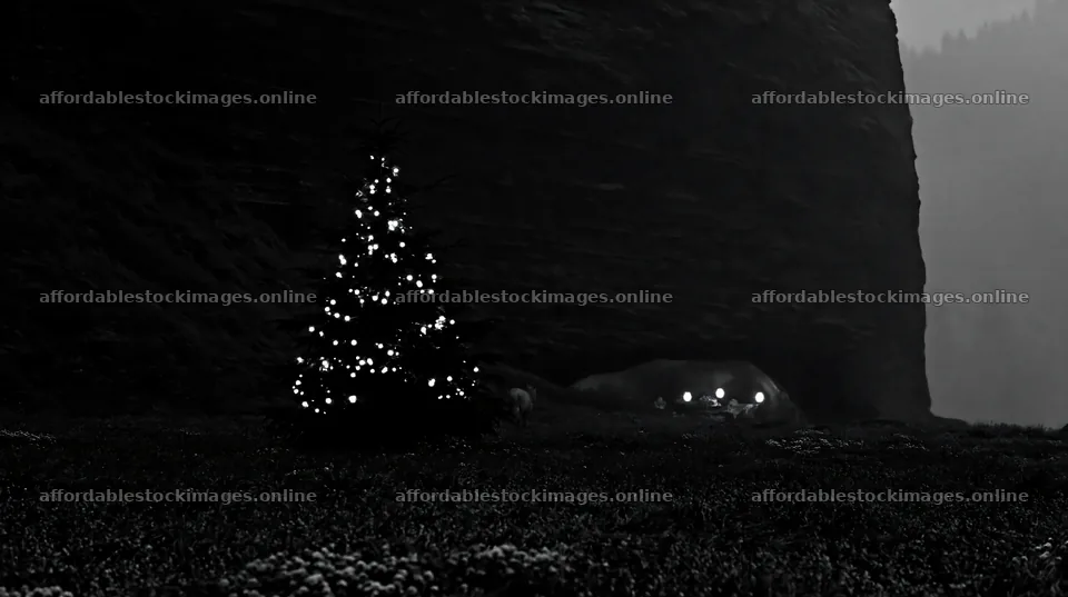 Christmas tree at dusk in meadow by cave – stock images 10608x5938