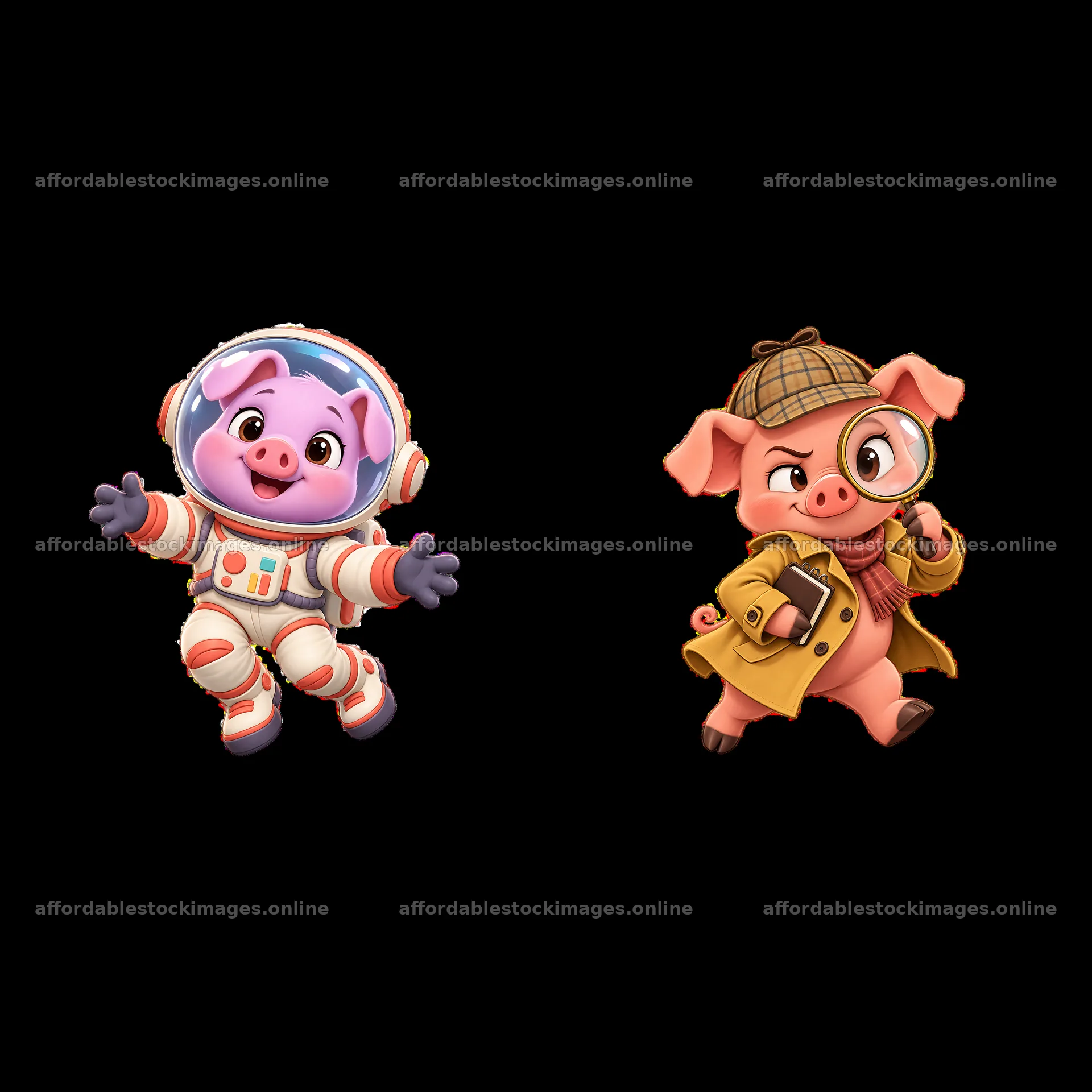 Cute pig astronaut and detective cartoon sticker set – stock images 7746x7746