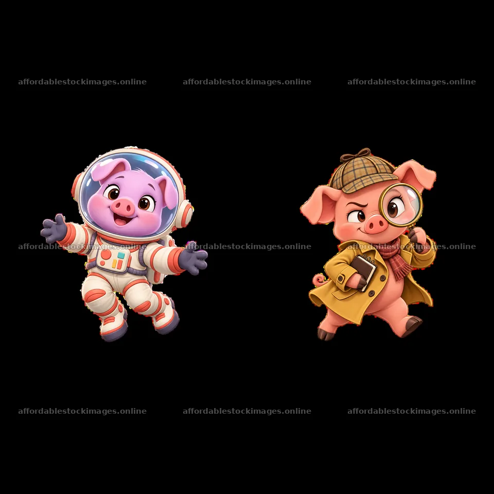 Cute pig astronaut and detective cartoon sticker set – stock images 7746x7746