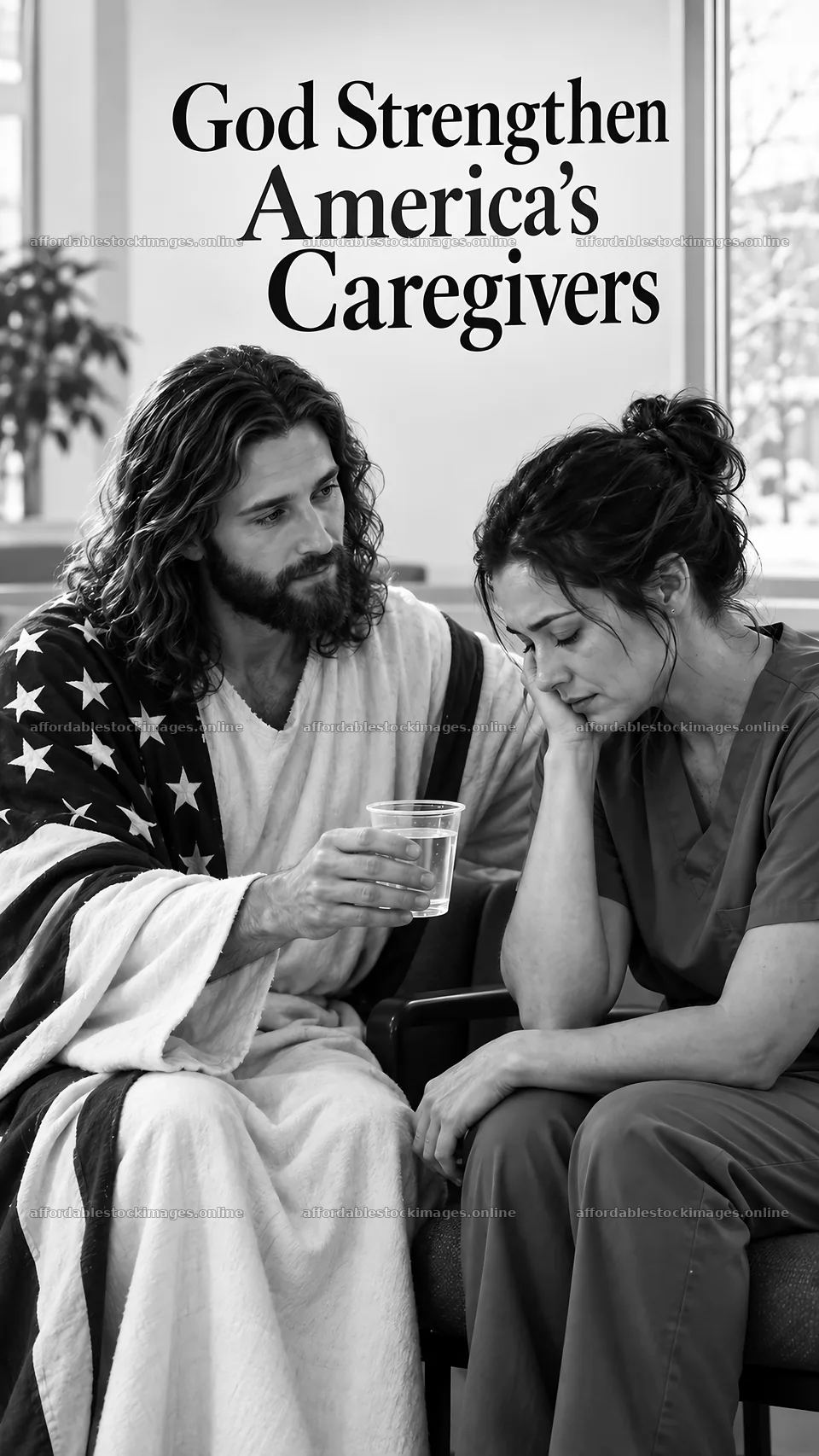 Jesus Christ comforts a tired caregiver in a hospital setting – stock images 5811x10326