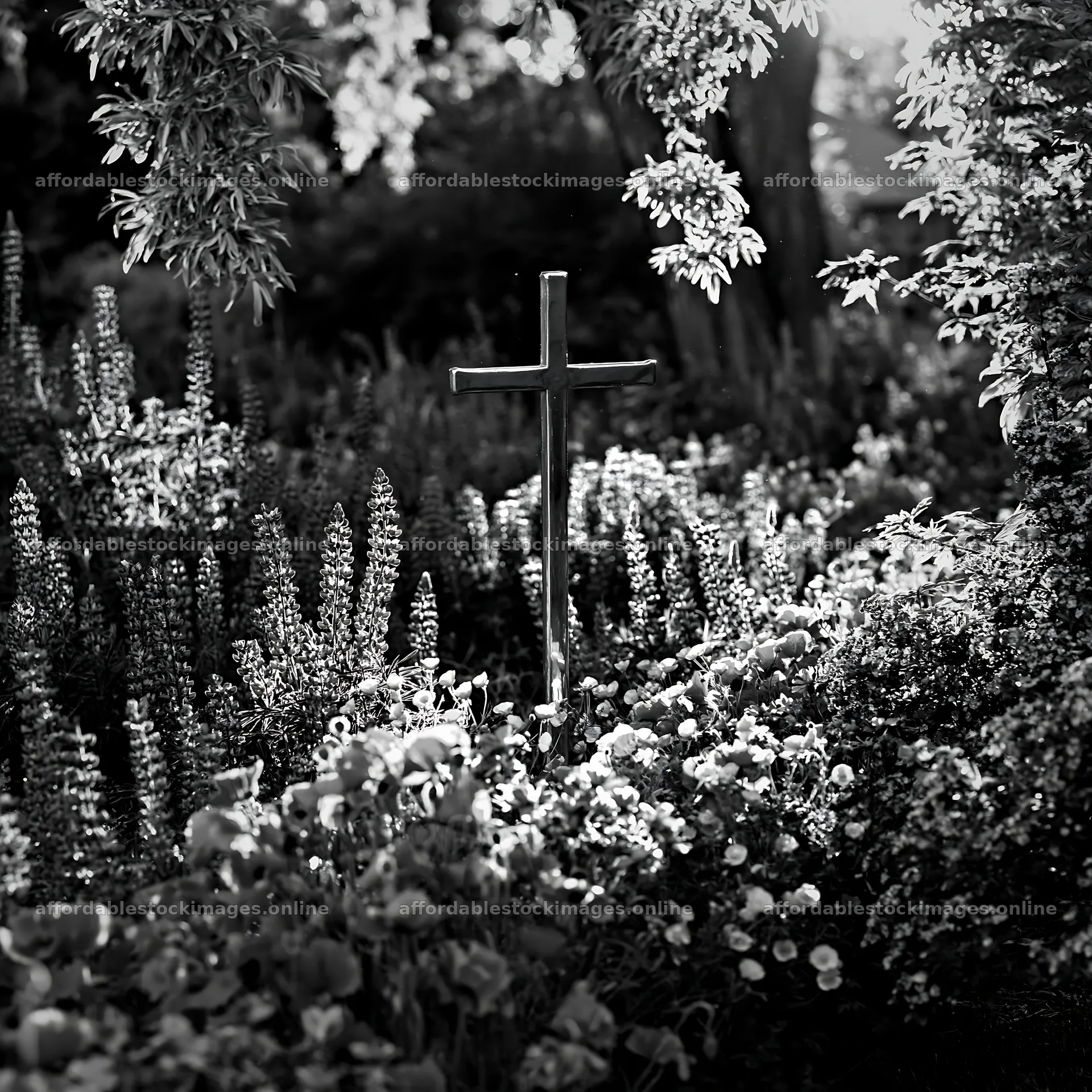 Christian cross in quiet Christmas meadow surrounded by flowers – stock images 7938x7938