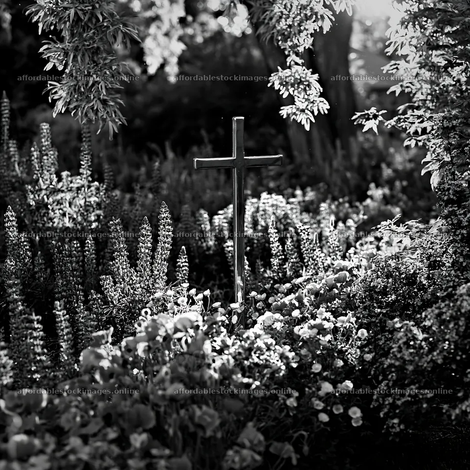 Christian cross in quiet Christmas meadow surrounded by flowers – stock images 7938x7938
