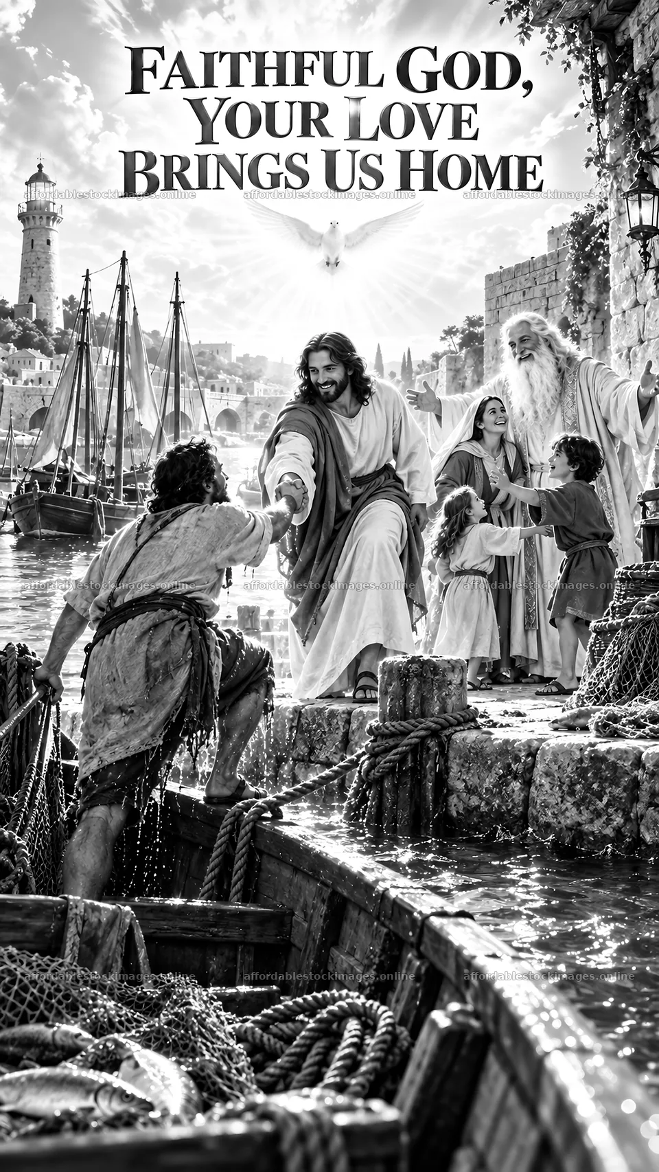 Jesus Christ welcoming followers by the water – stock images 5811x10326