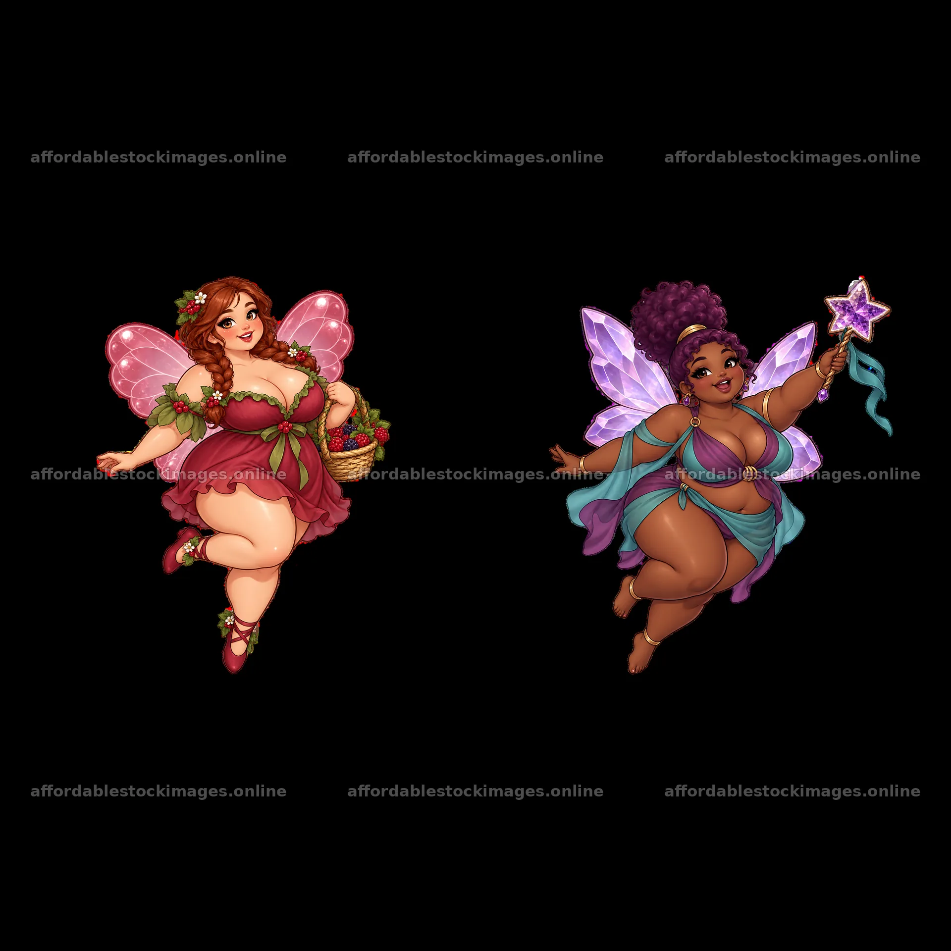 Kawaii ultra-fat fairies with wings and accessories – stock images 7746x7746