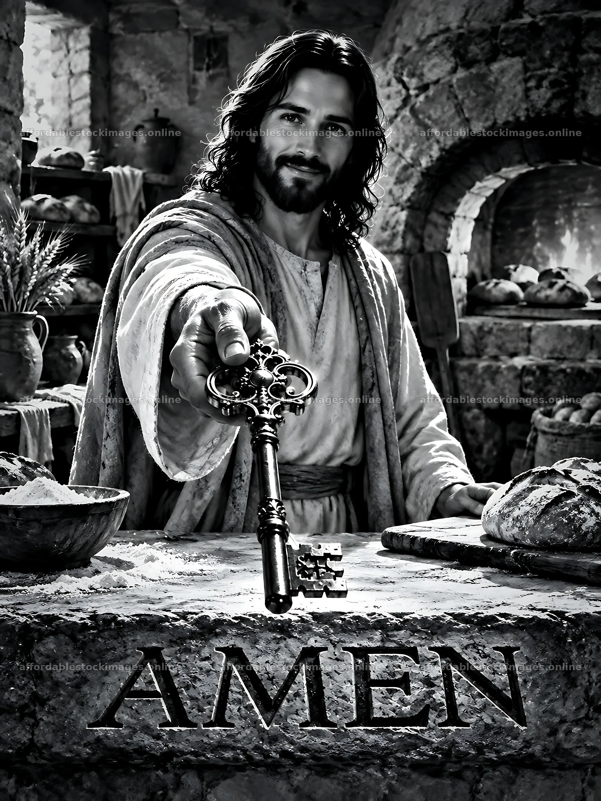 Man holding key in a bread oven setting – stock images 6874x9166