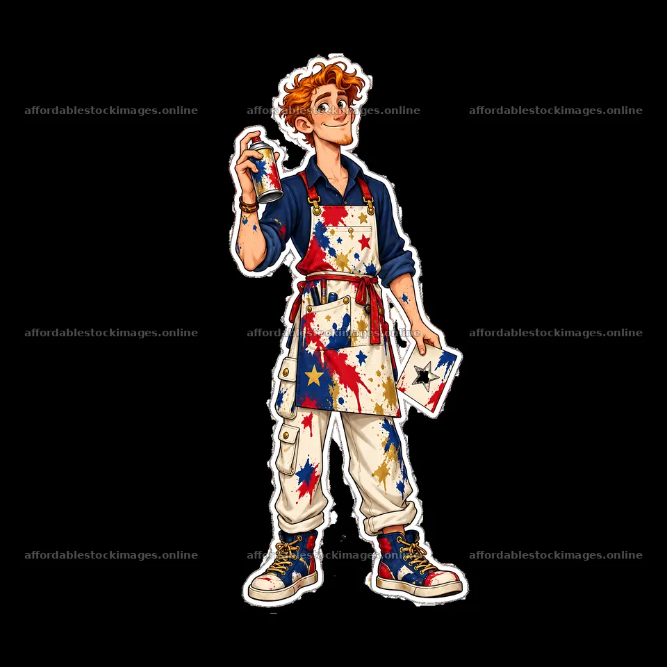 Patriotic graffiti sprayer holding spray paint and flag – stock images 7746x7746