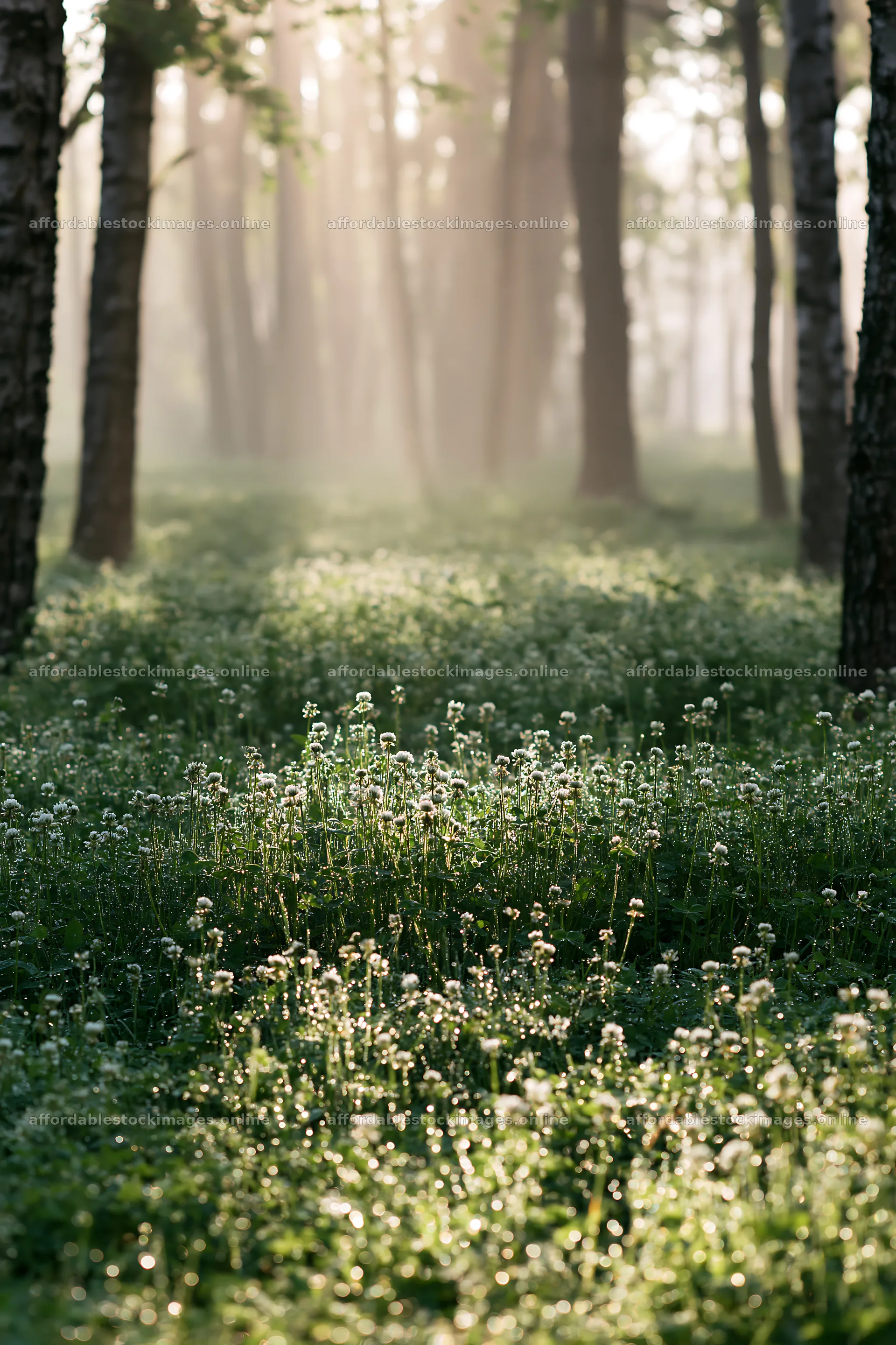 Clover meadow with dew in a forest during morning light – stock images 6480x9722