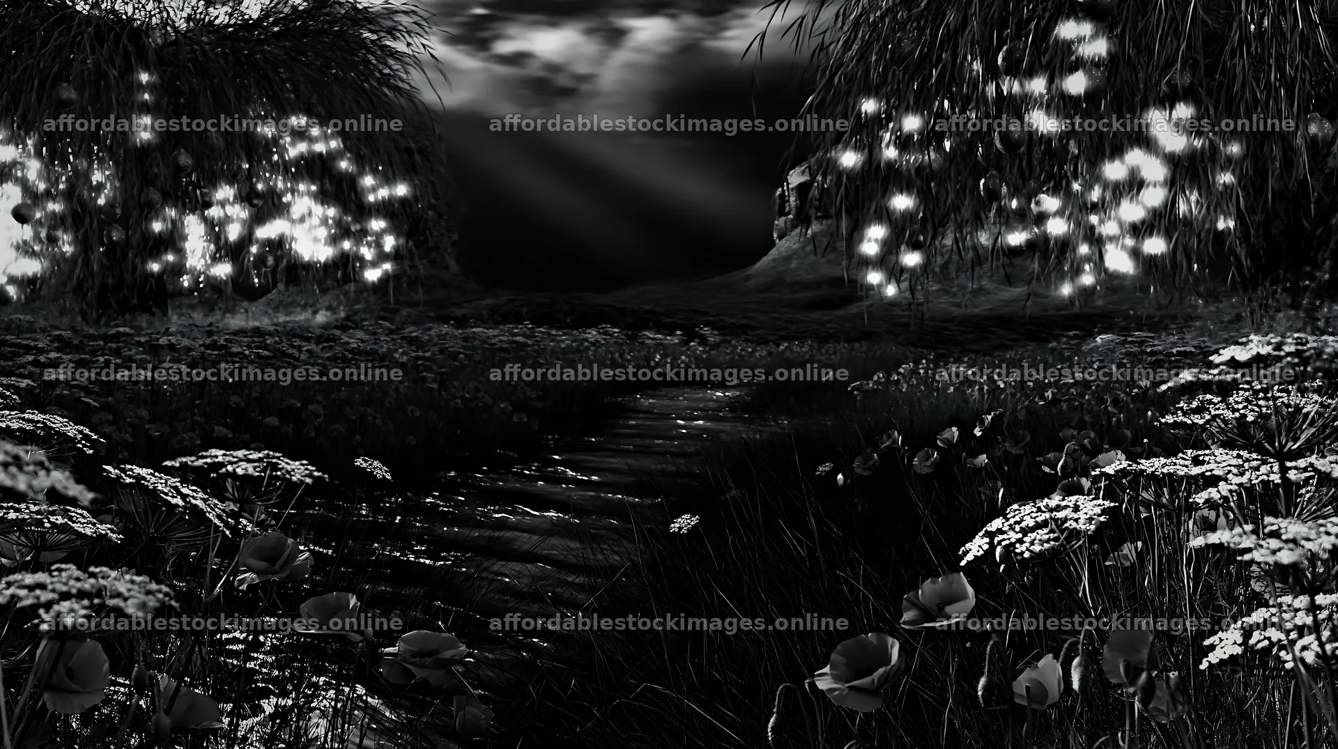 Christmas ornaments above stream in meadow – stock images 10608x5938