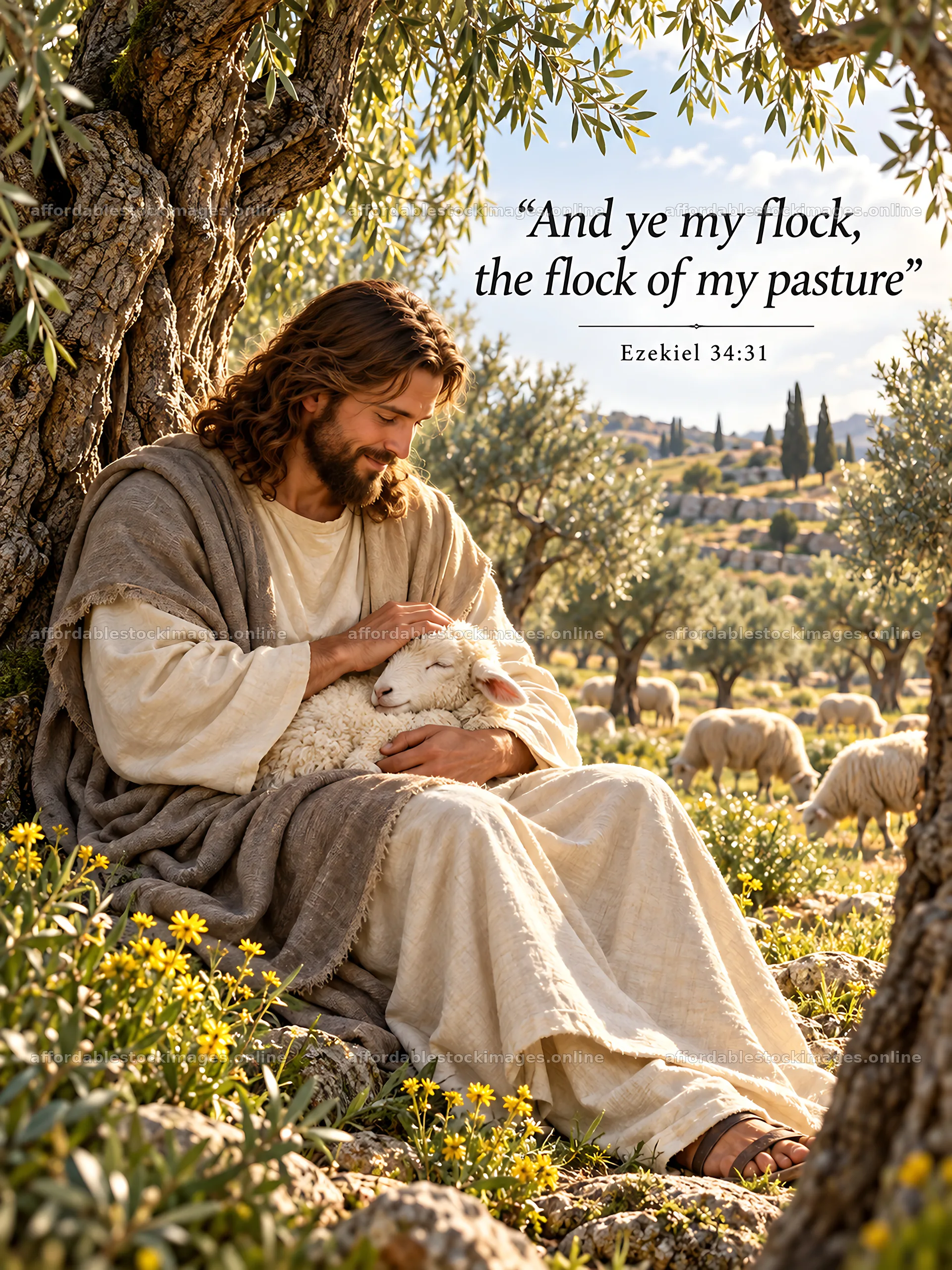 Jesus Christ caring for a lamb in a peaceful pasture – stock images 6708x8945
