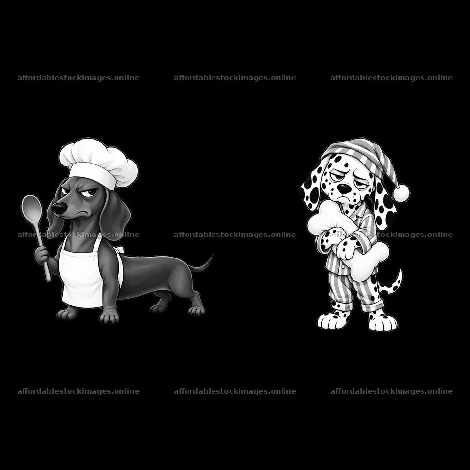 Grumpy dog chef and sad dalmatian in monochrome illustration – stock images 7746x7746