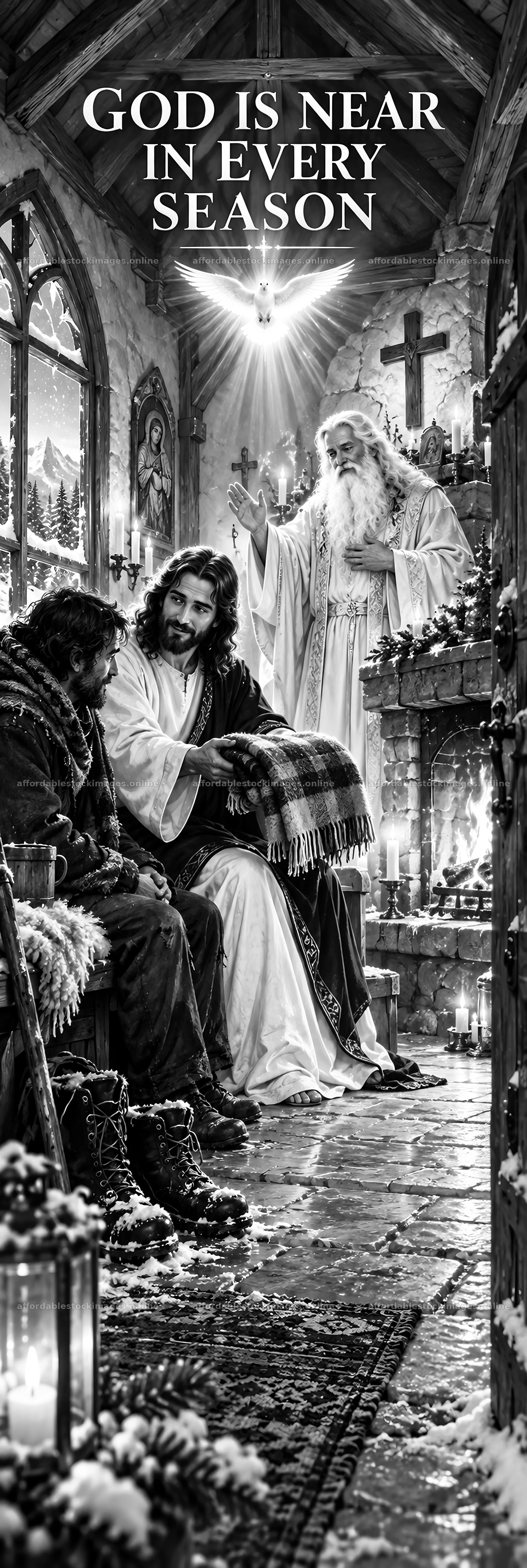 Jesus Christ comforts two men in a cozy room – stock images 4490x13365