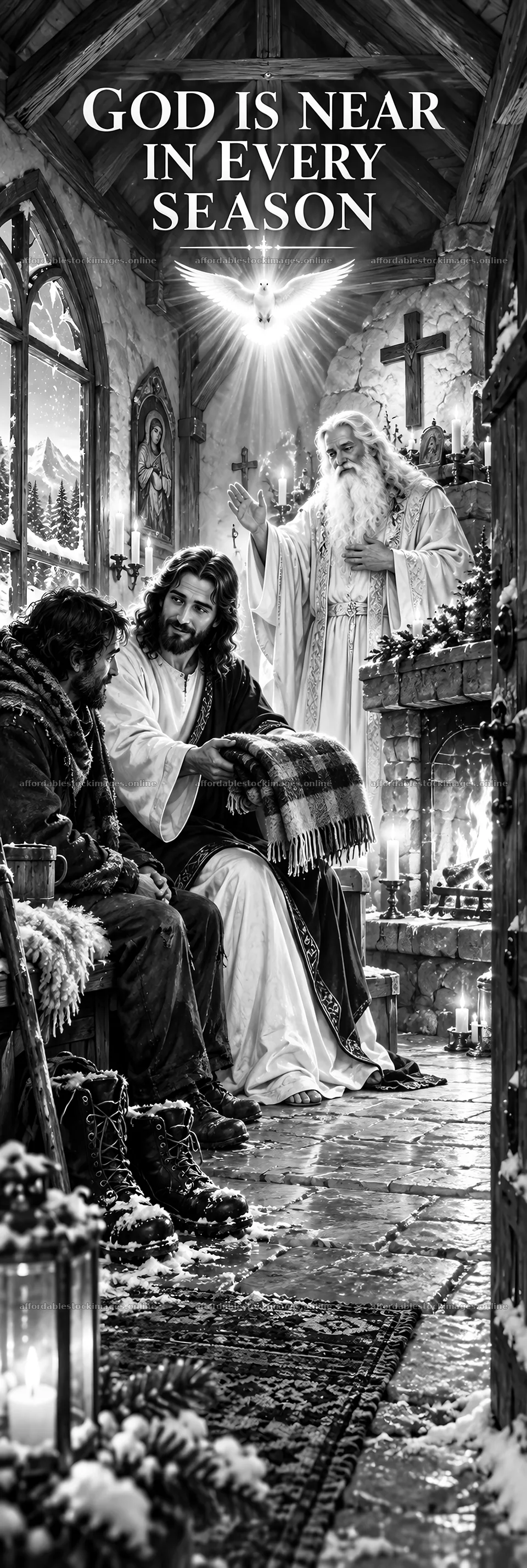Jesus Christ comforts two men in a cozy room – stock images 4490x13365