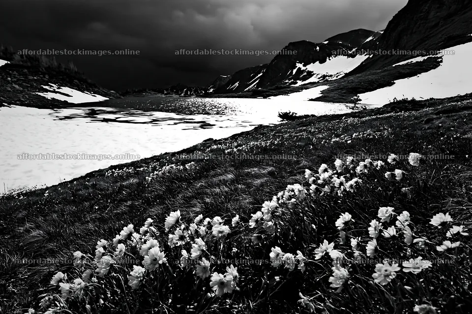 Frozen tarn meadow with flowers and snow-covered ground – stock images 9722x6480