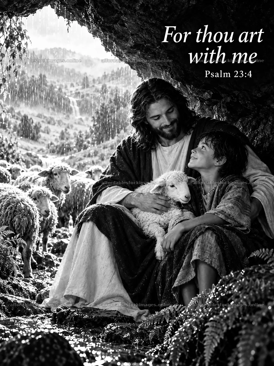 Jesus Christ comforting a child in a rain-soaked landscape – stock images 6708x8945