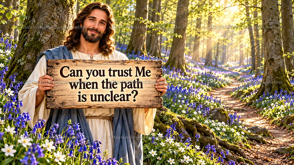 Jesus Christ holding a sign in a forest with flowers – stock images 10324x5812