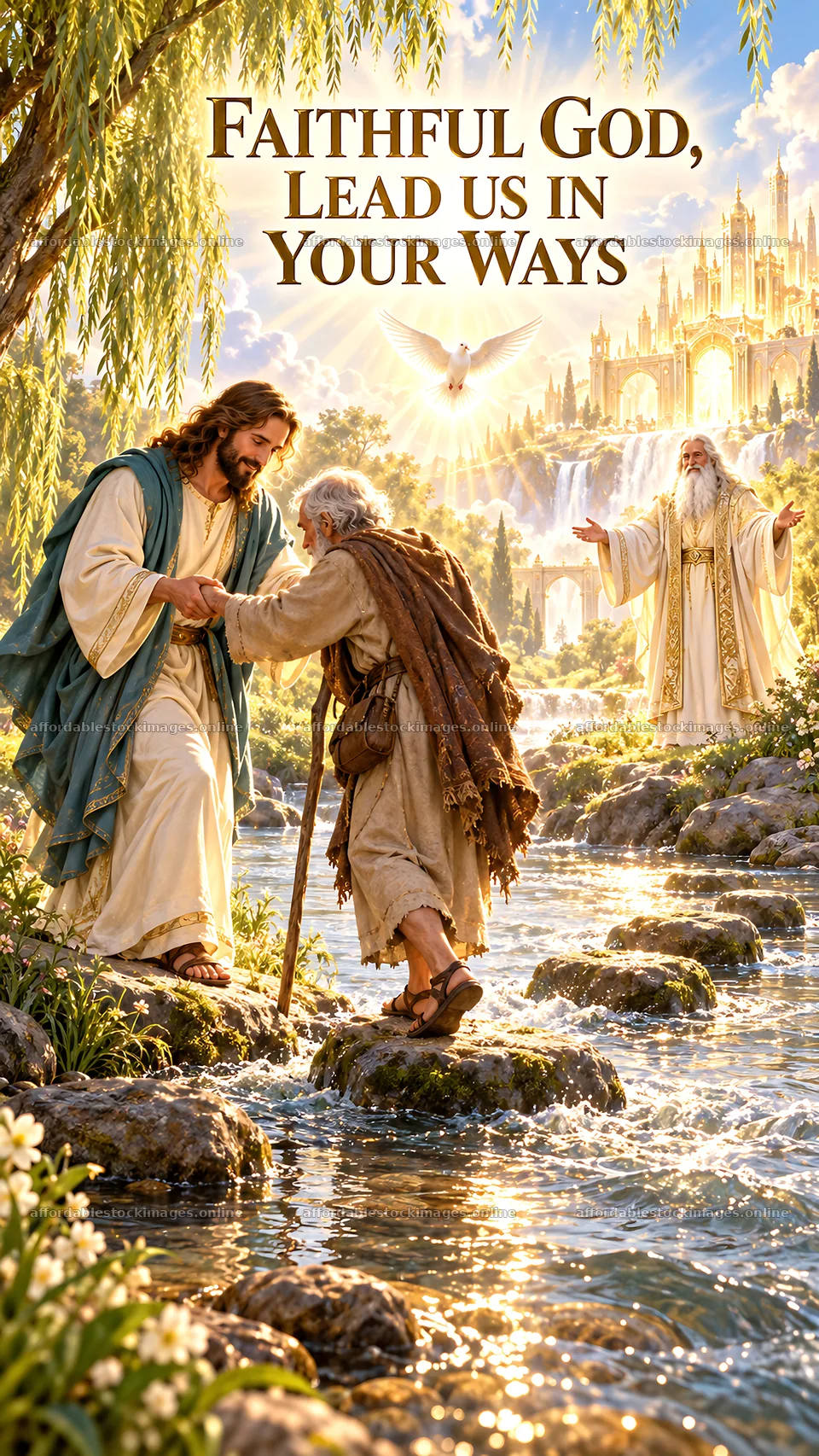 Jesus Christ comforting a suffering person by the river – stock images 5811x10326