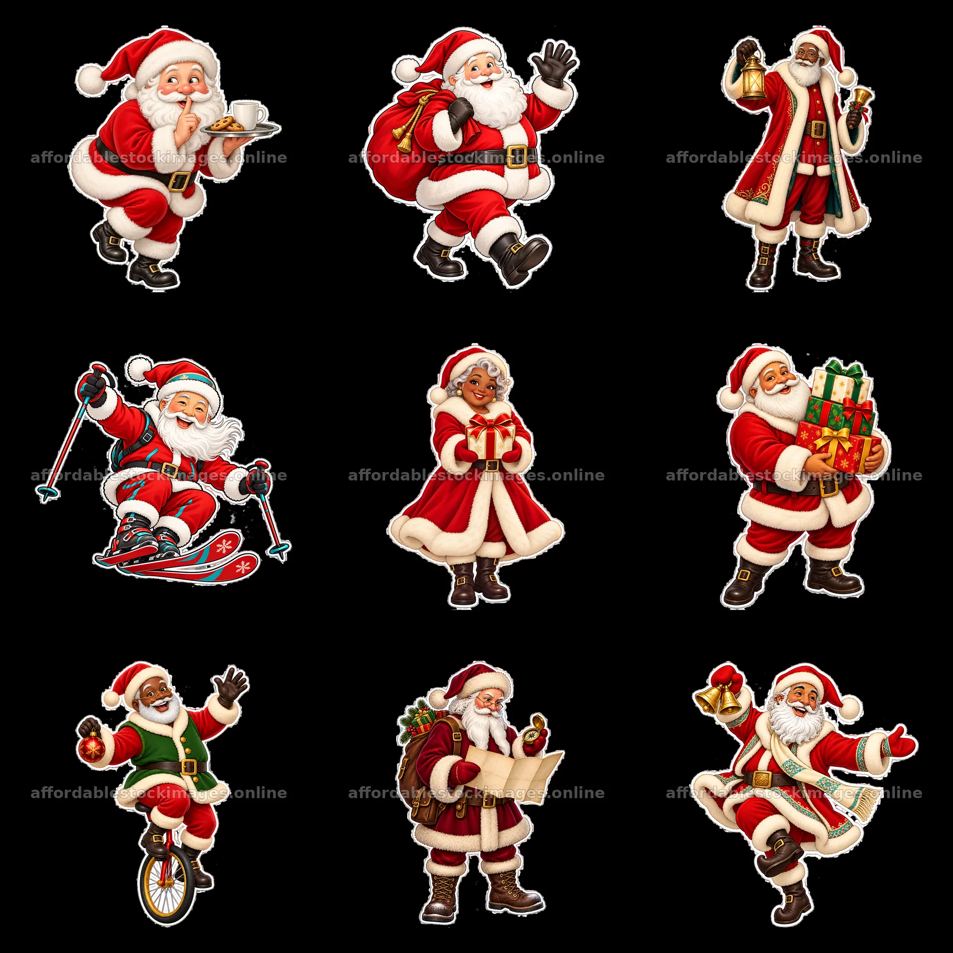 Santa Claus in various festive poses with gifts and accessories – stock images 7746x7746