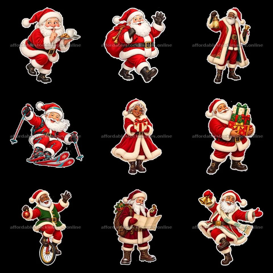 Santa Claus in various festive poses with gifts and accessories – stock images 7746x7746
