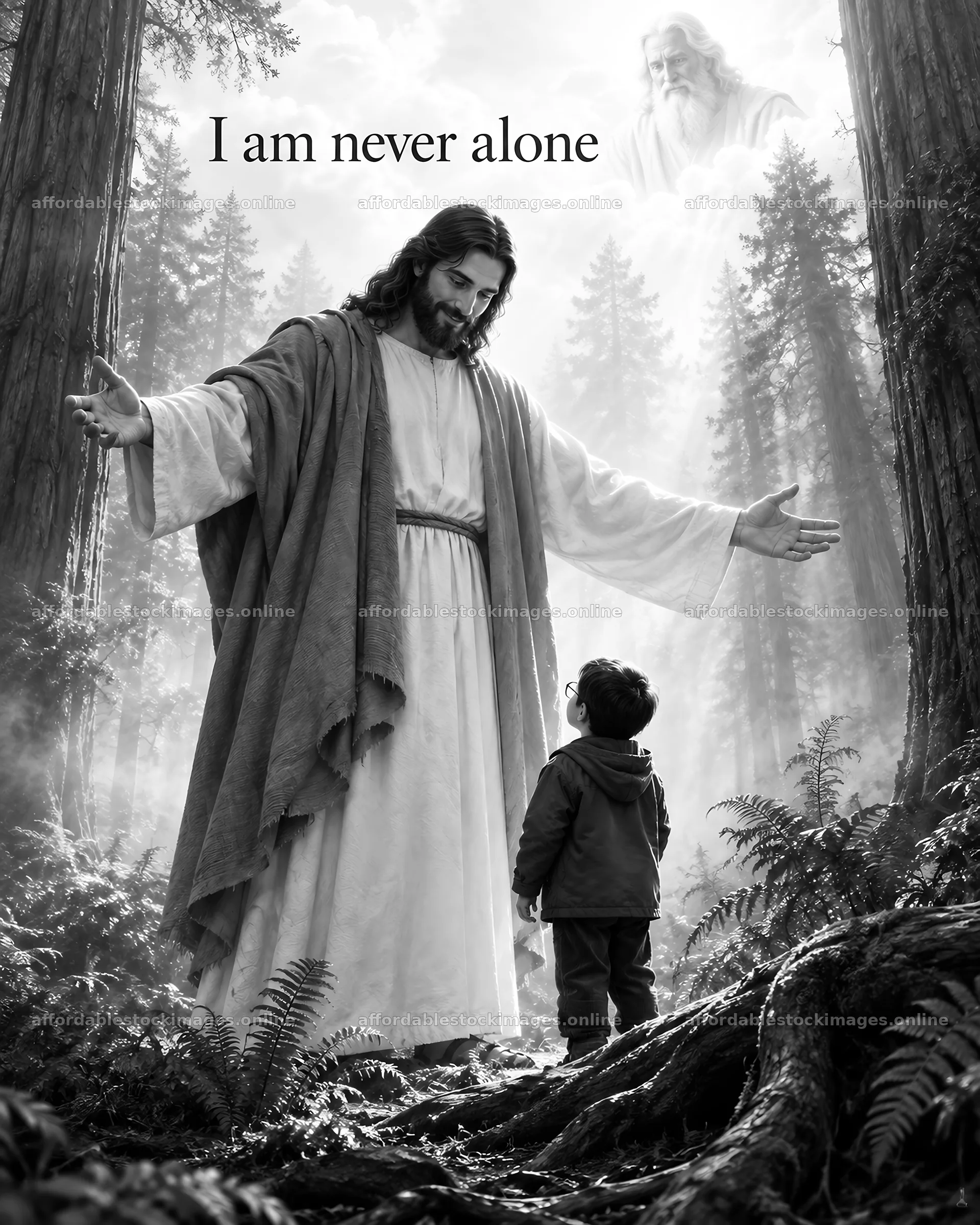 Jesus Christ welcomes a child in the woods – stock images 6930x8659