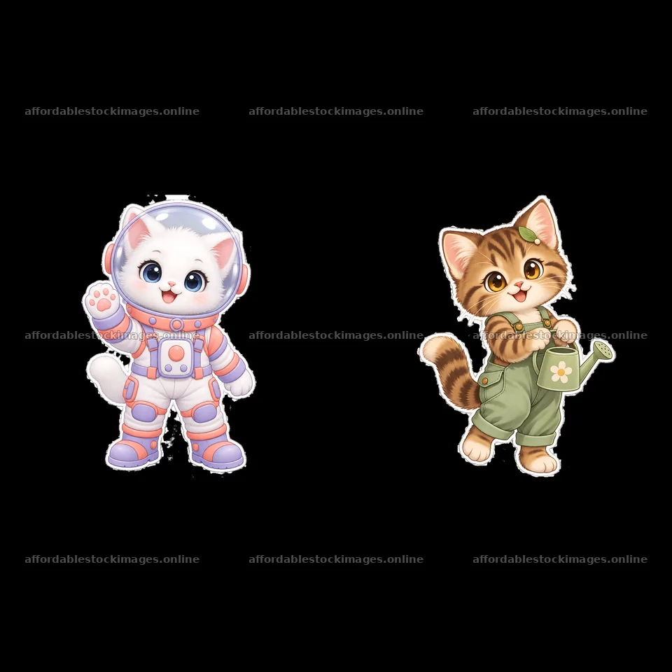Kawaii cat astronauts with gardening tools and space suits – stock images 7746x7746