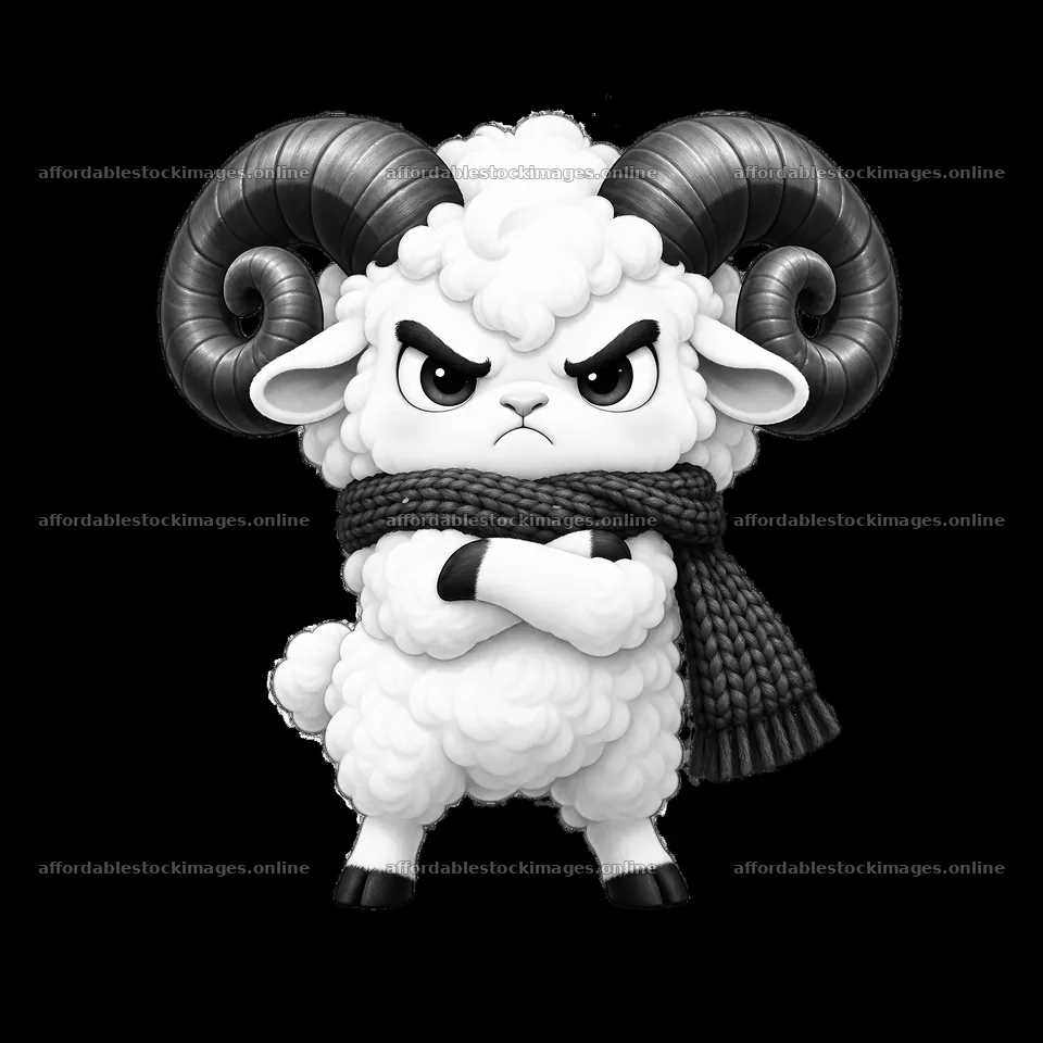 Kawaii grumpy sheep character wearing a scarf and frowning – stock images 7746x7746