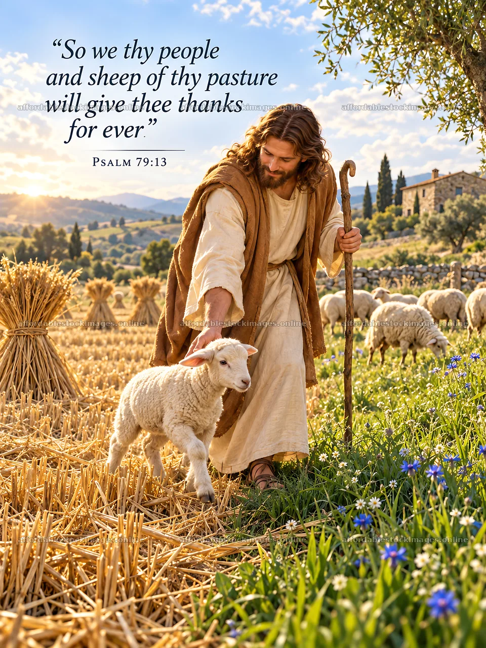 Jesus Christ interacts with a sheep in a pastoral setting – stock images 6708x8945