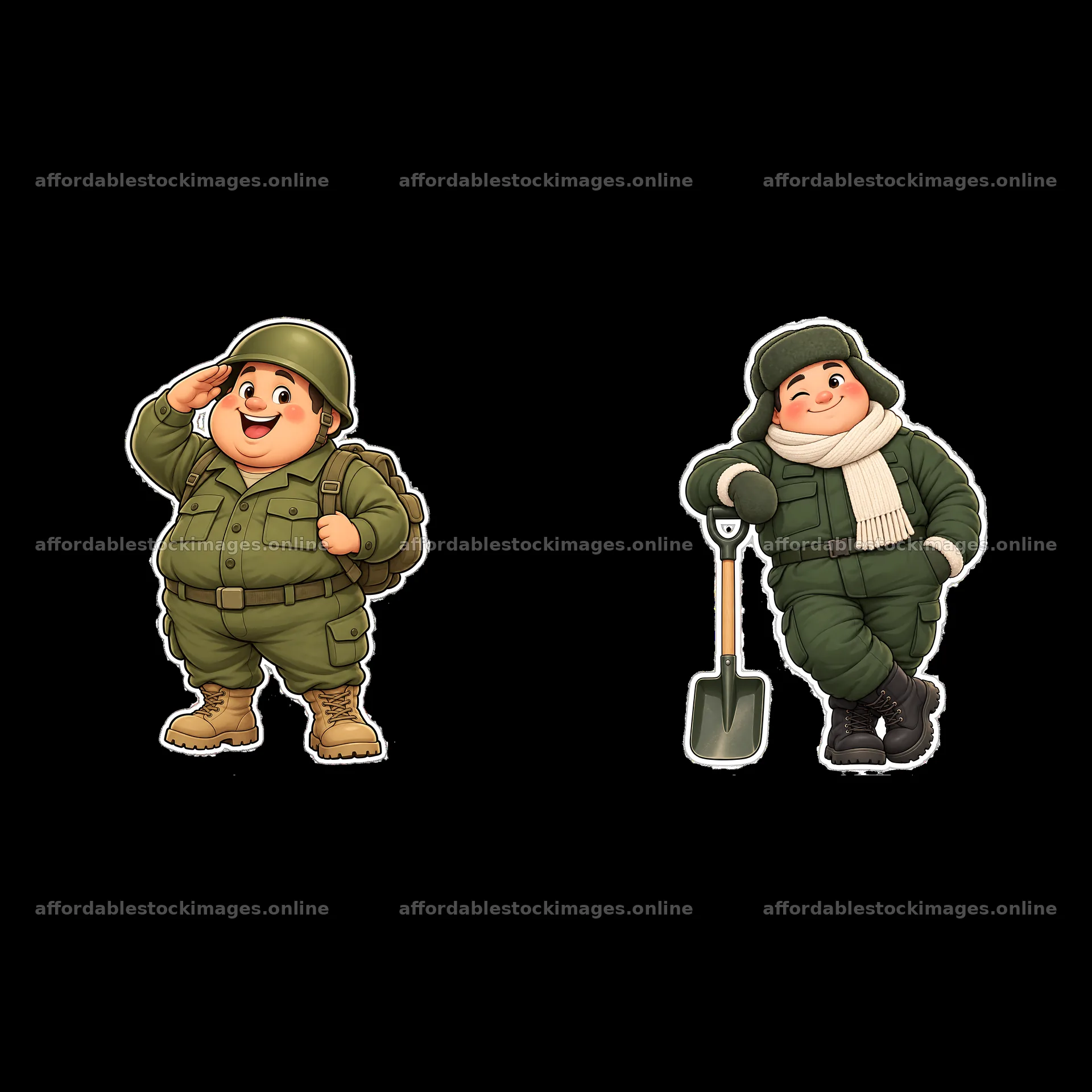 Cute chubby soldier stickers in playful saluting and relaxing – stock images 7746x7746